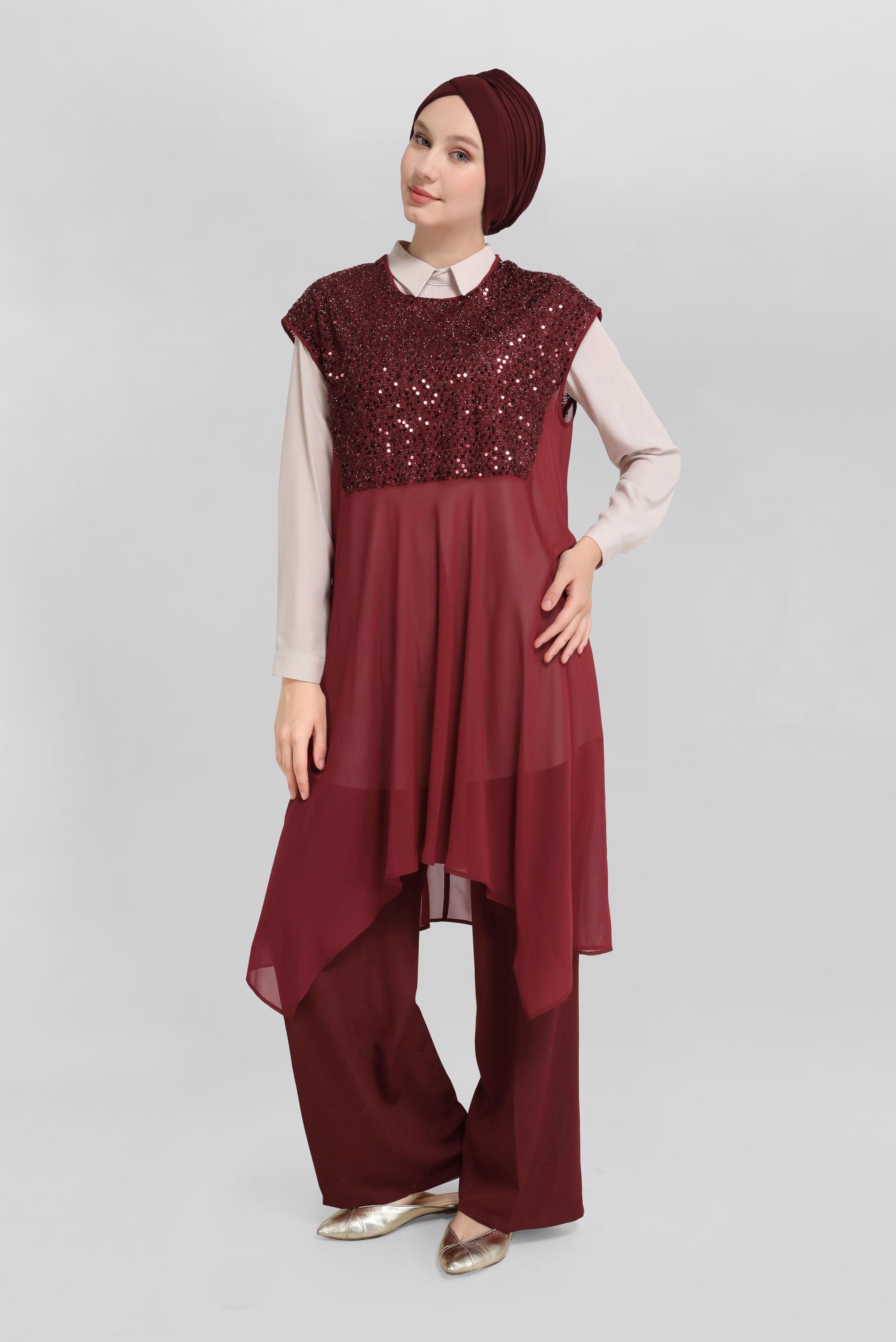 Tesettür giyim BORDO PUL PAYETLİ İKİLİ TUNİK 40569
