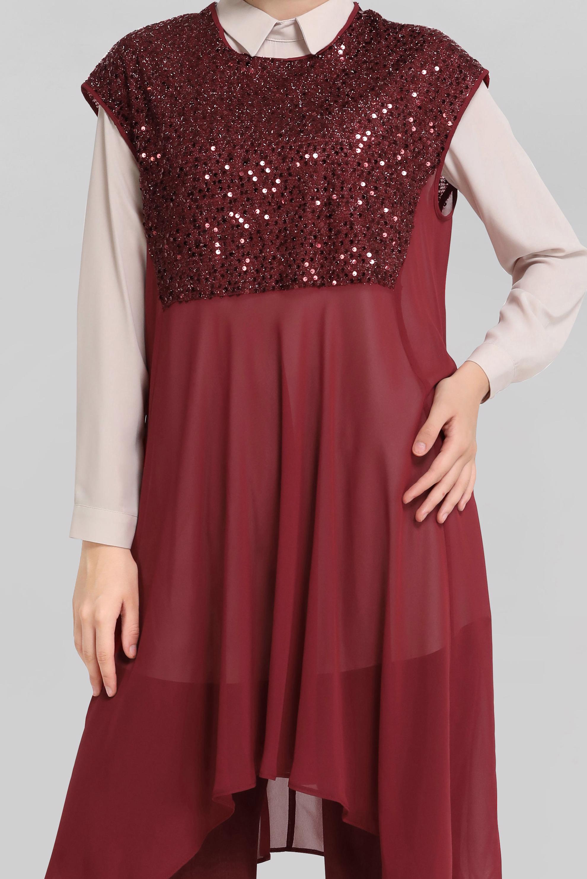 Tesettür giyim BORDO PUL PAYETLİ İKİLİ TUNİK 40569