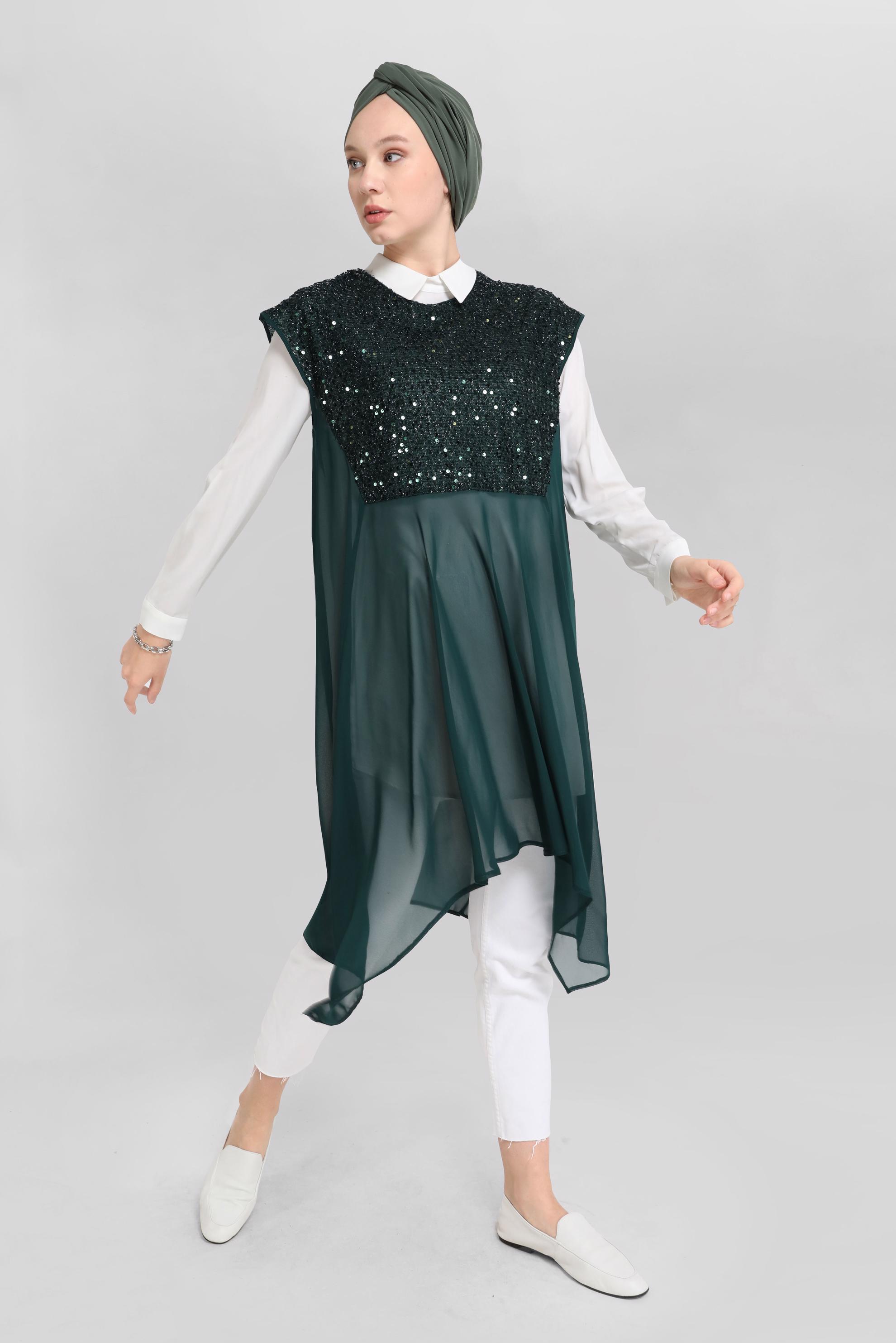 Tesettür giyim YEŞİL PUL PAYETLİ İKİLİ TUNİK 40569