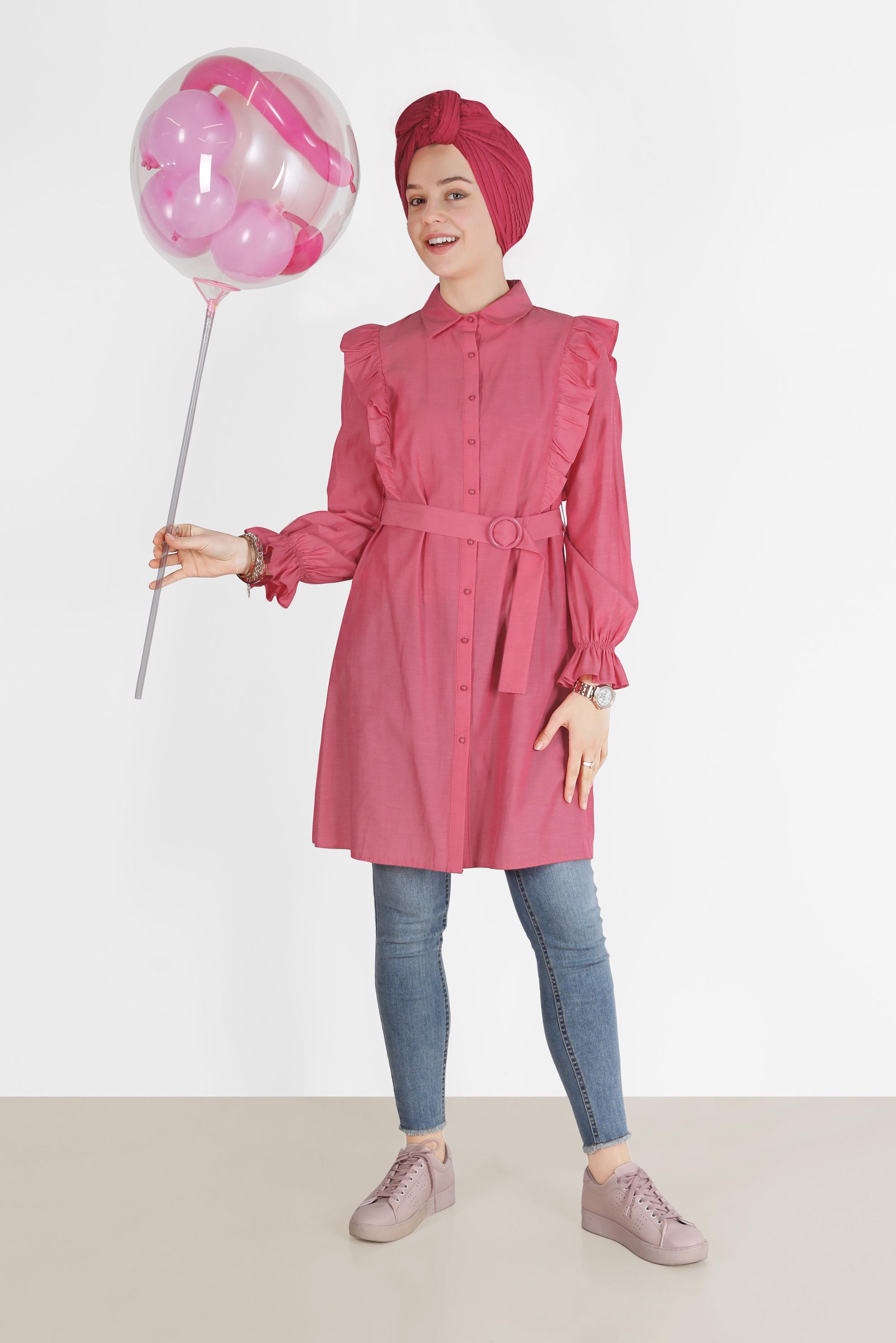 Tesettür giyim FUŞYA PAMUKLU FIRFIR DETAYLI  TUNİK 40588