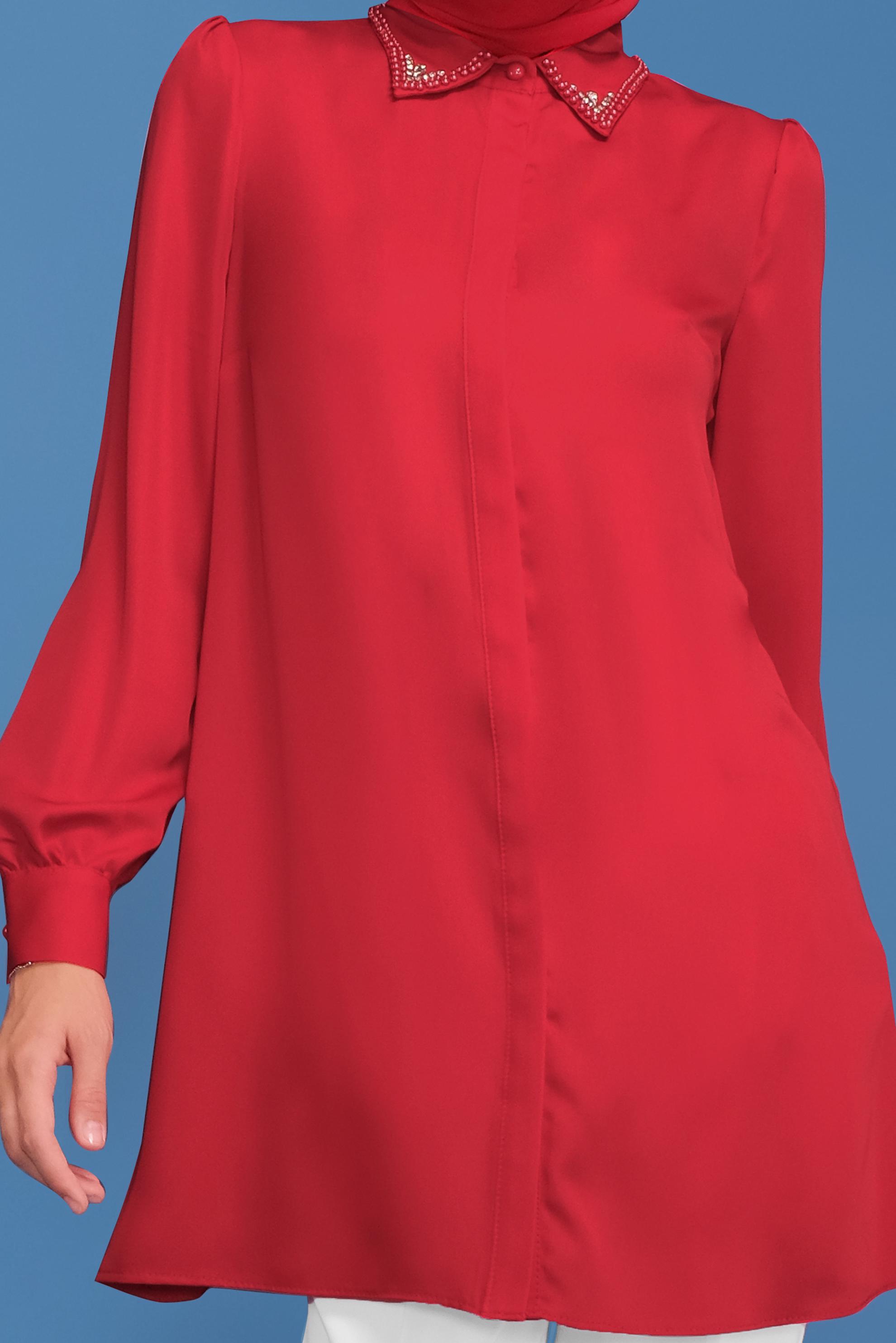 Tesettür giyim KIRMIZI YAKASI TAŞ VE BONCUK İŞLEMELİ TUNİK 40622