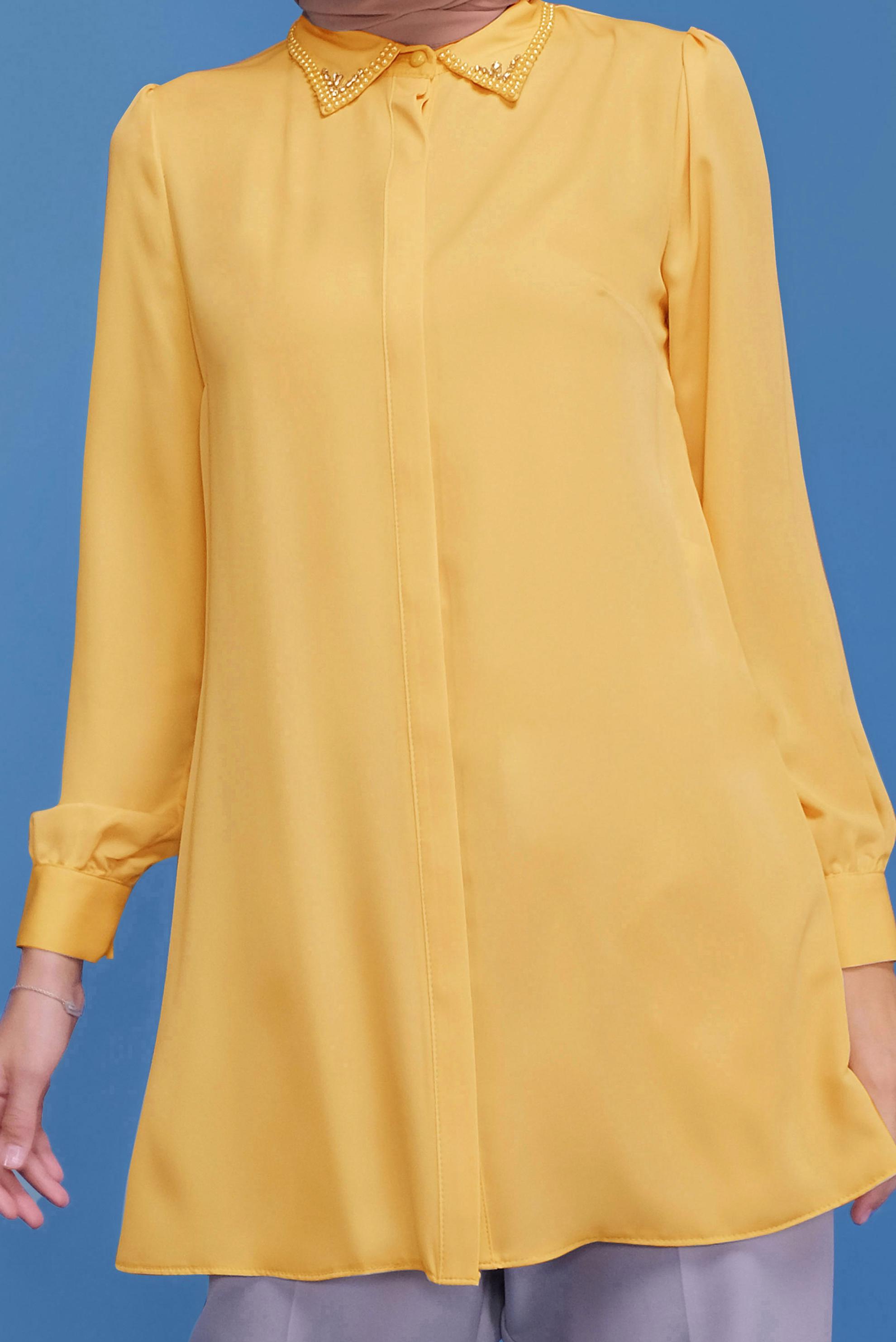 Tesettür giyim SARI YAKASI TAŞ VE BONCUK İŞLEMELİ TUNİK 40622