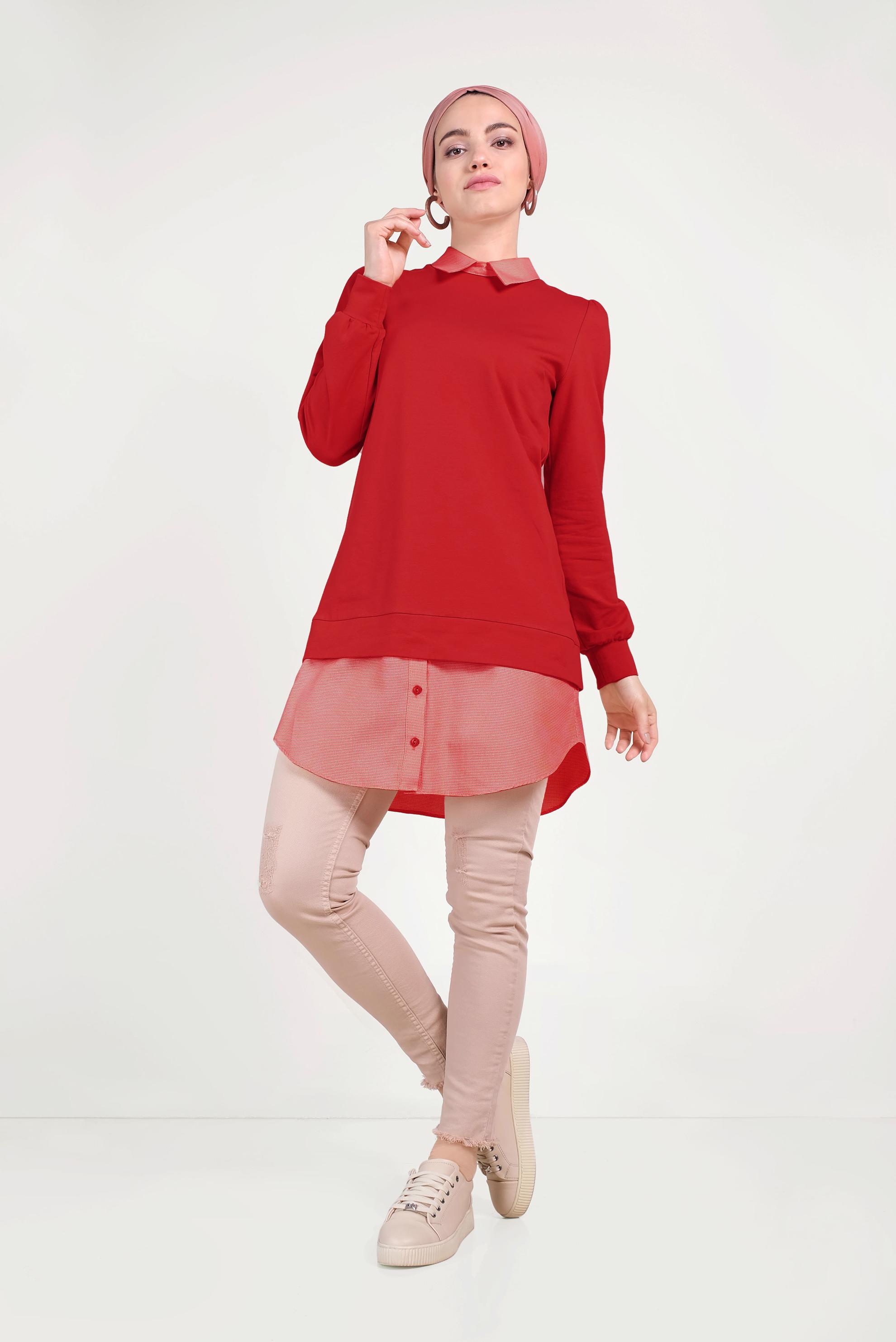 Tesettür giyim KIRMIZI 40665 ALEDA TUNİK 36/44 TEK38