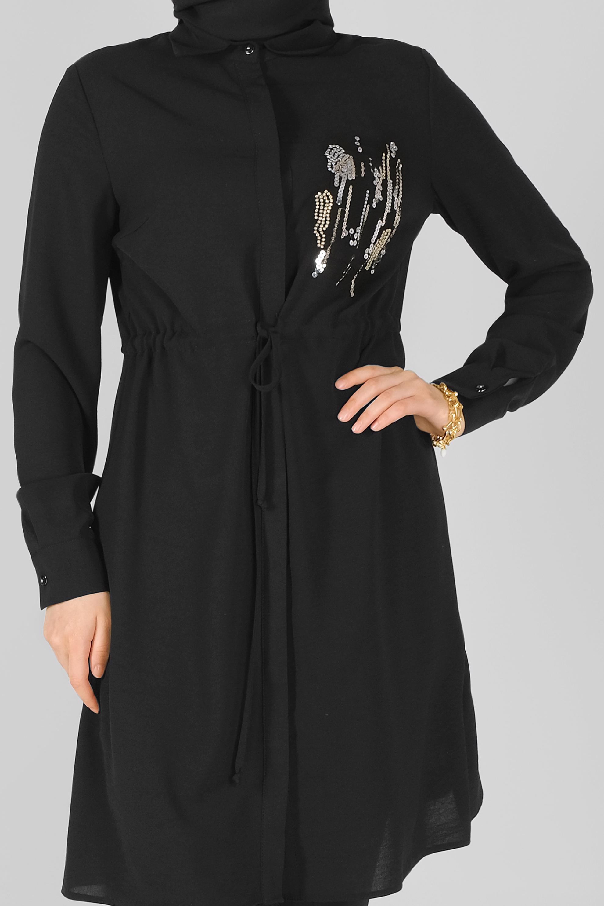 Tesettür giyim SİYAH ÖNÜ BAĞCIKLI DÜĞMELİ TUNİK 40697 