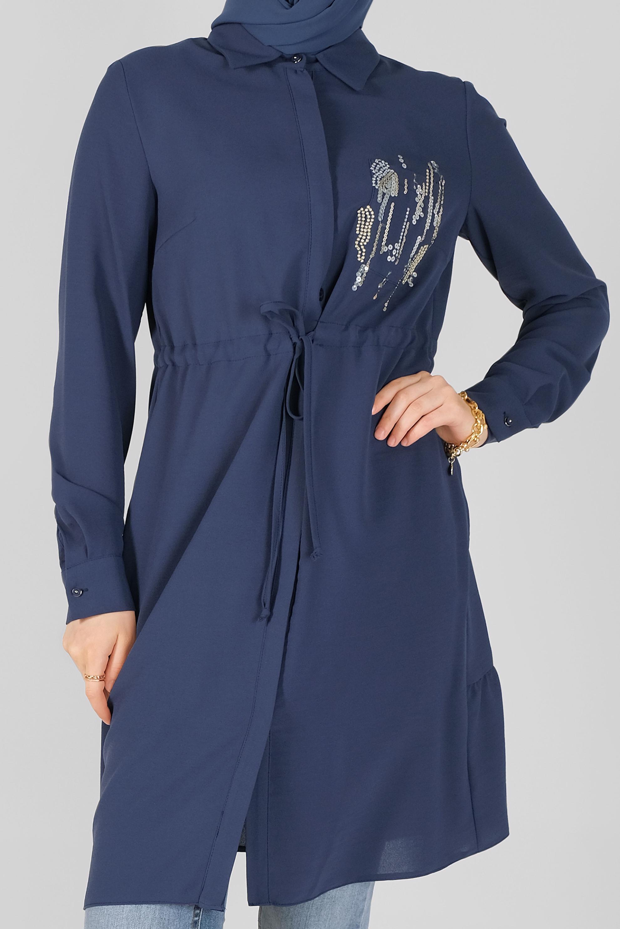 Tesettür giyim LACİVERT ÖNÜ BAĞCIKLI DÜĞMELİ TUNİK 40697 