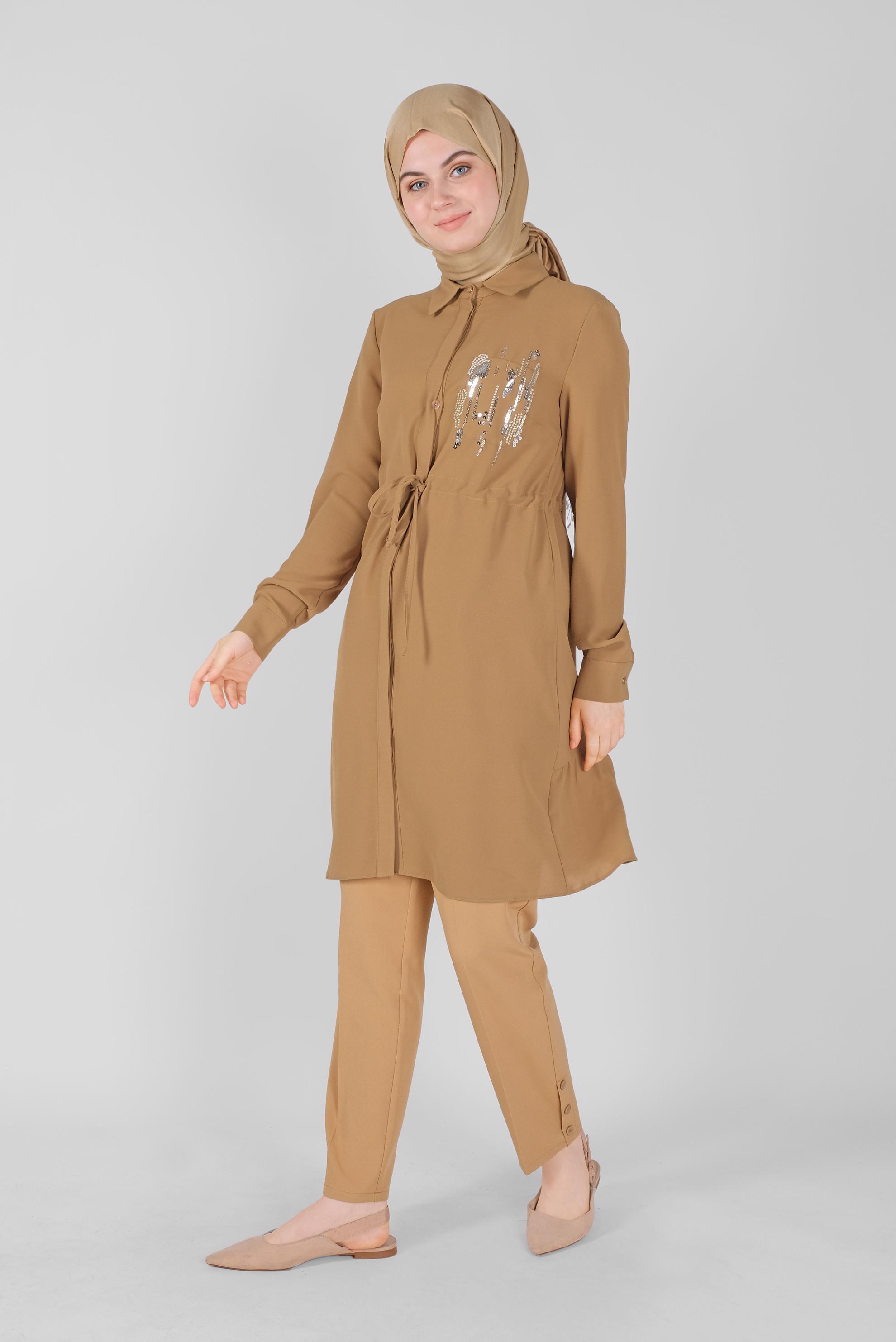 Tesettür giyim SARI ÖNÜ BAĞCIKLI DÜĞMELİ TUNİK 40697 