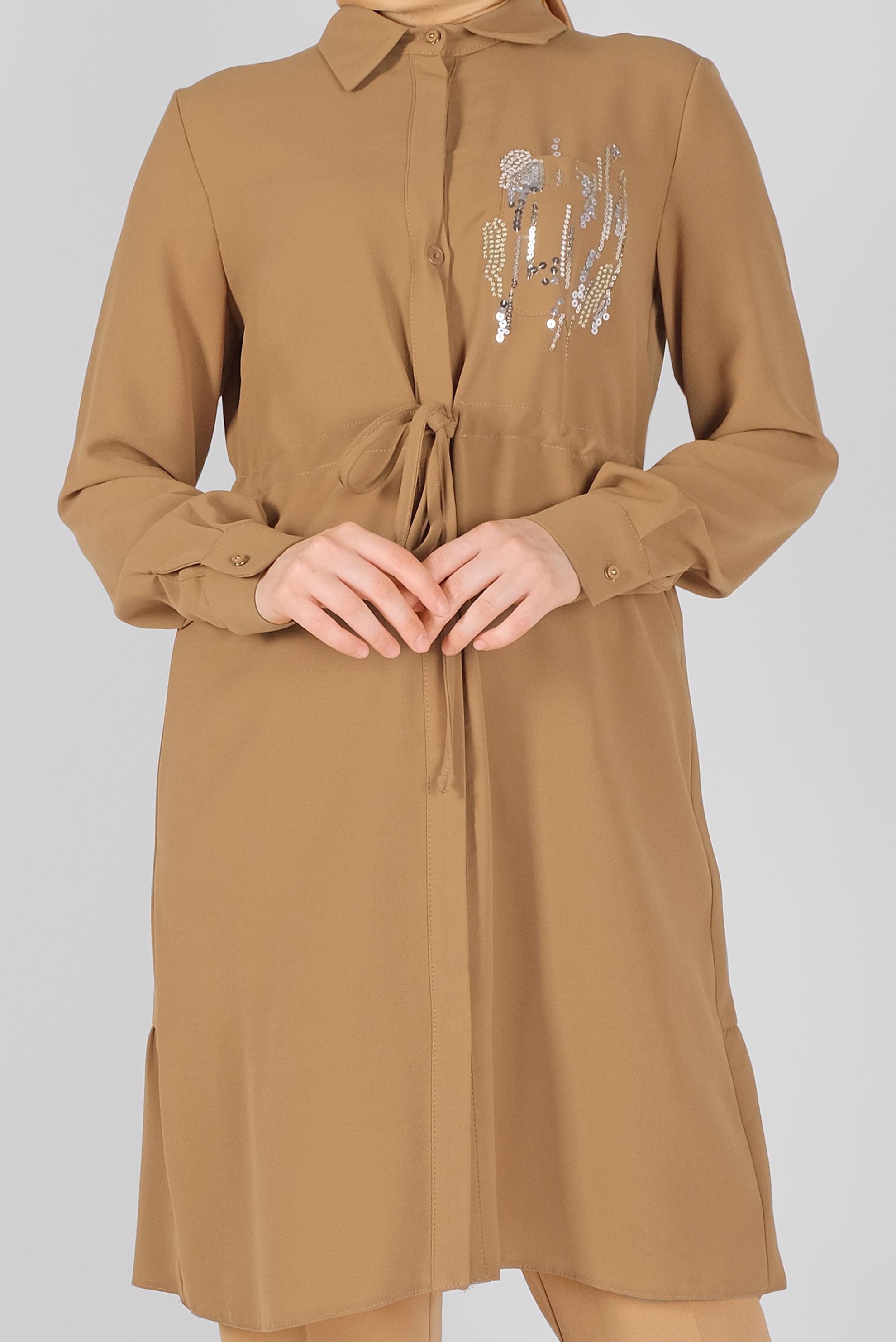 Tesettür giyim SARI ÖNÜ BAĞCIKLI DÜĞMELİ TUNİK 40697 