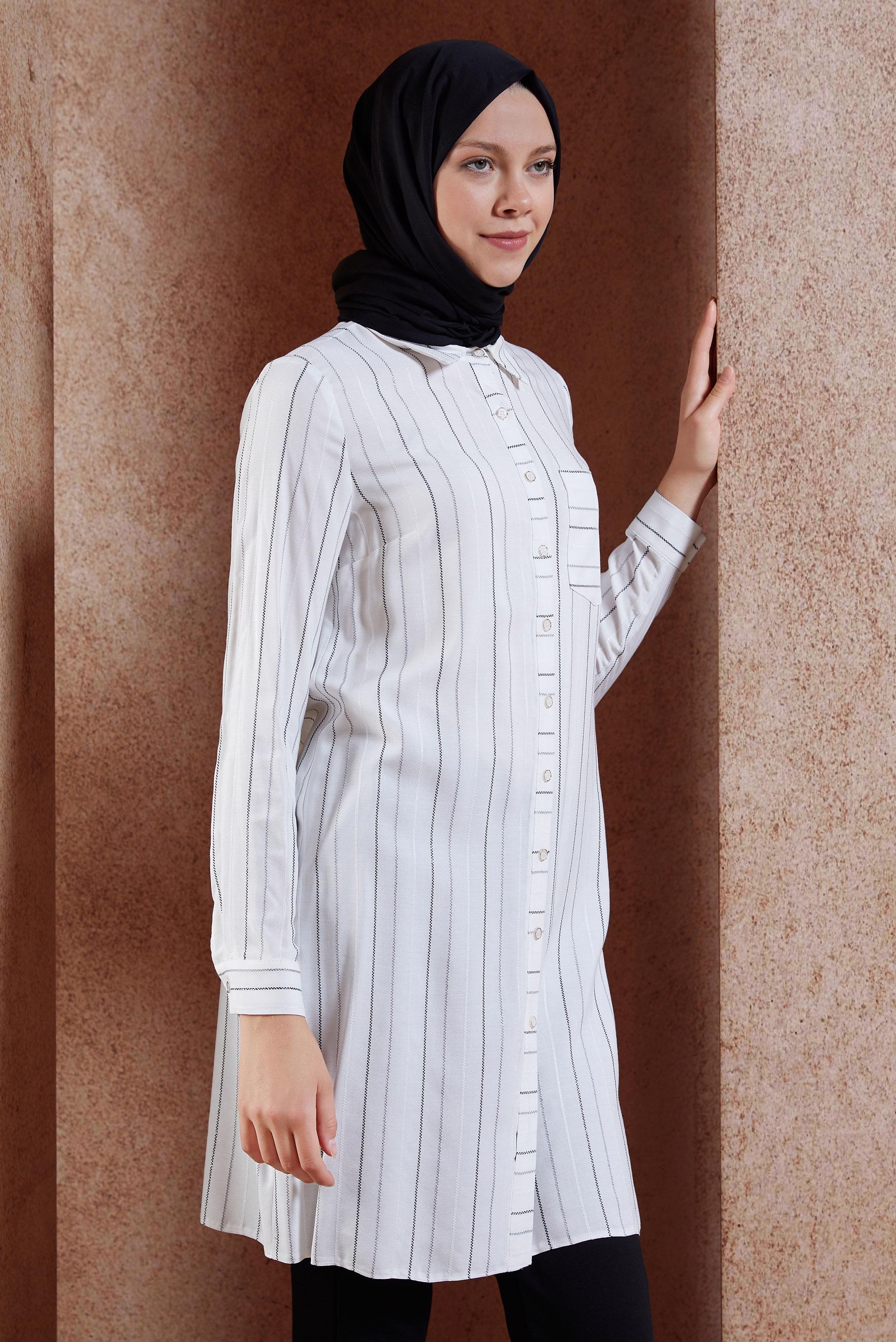 Tesettür giyim BEYAZ ÇİZGİLİ TESETTÜR TUNİK 40726