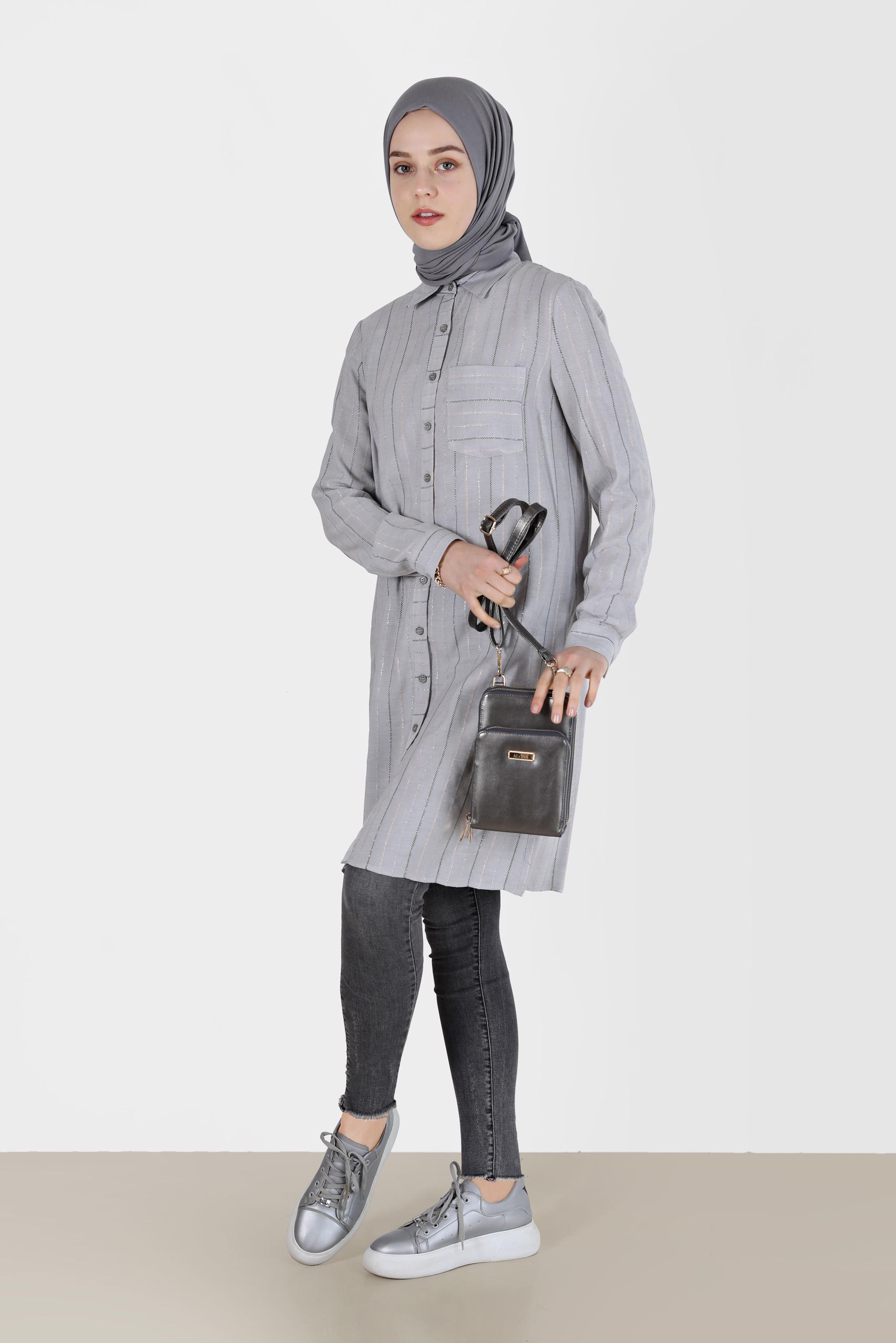 Tesettür giyim GRİ ÇİZGİLİ TESETTÜR TUNİK 40726