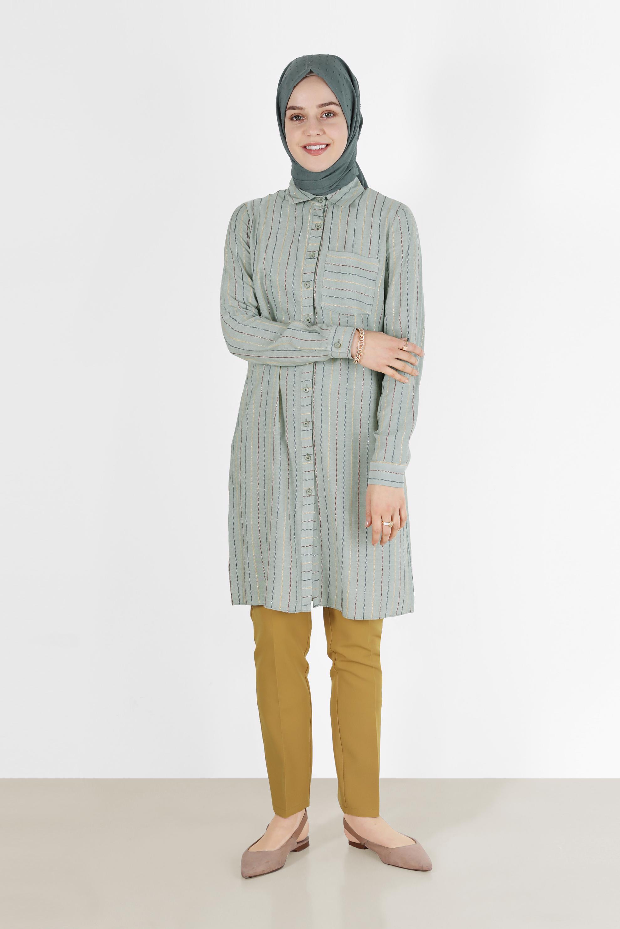 Tesettür giyim HAKİ ÇİZGİLİ TESETTÜR TUNİK 40726