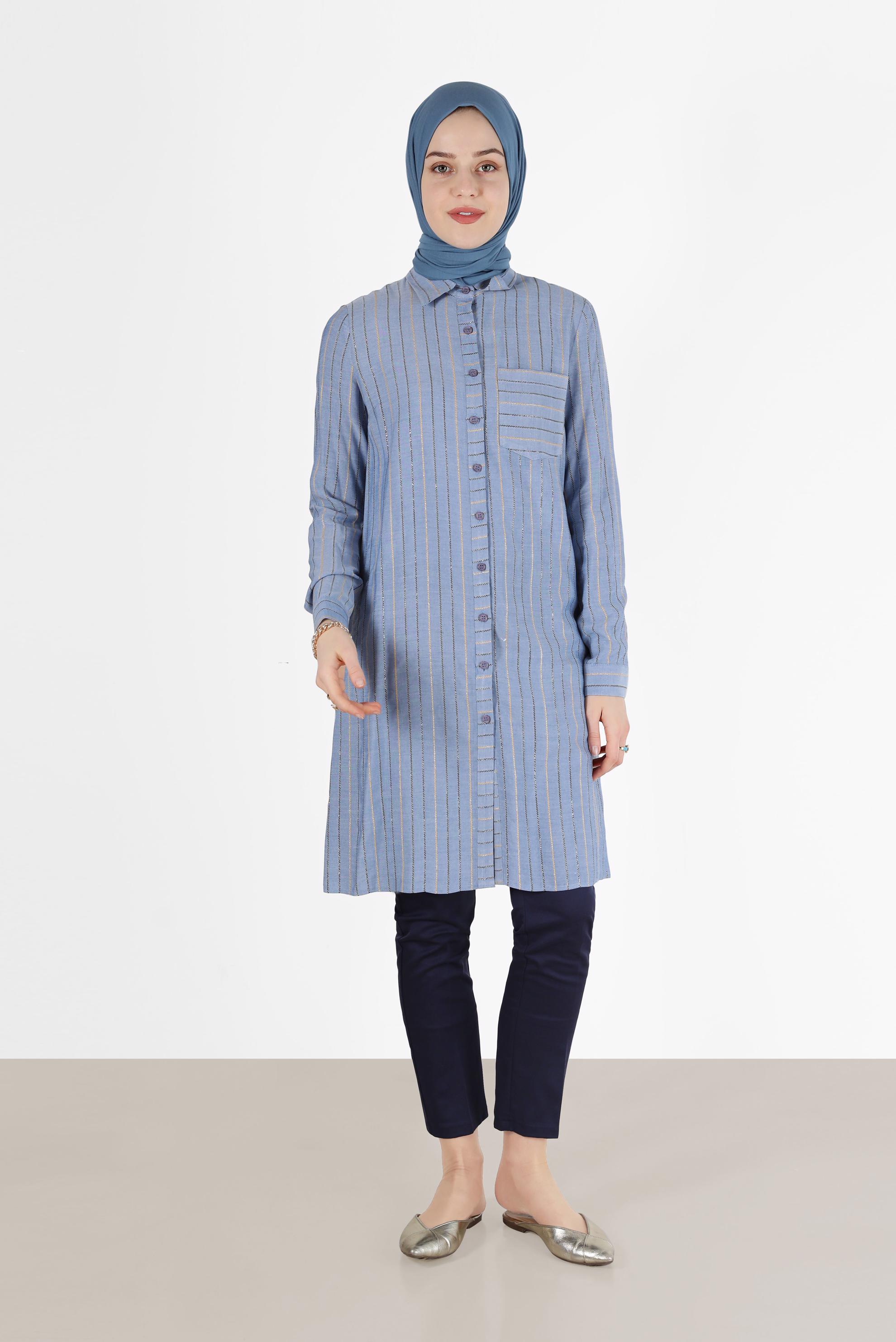 Tesettür giyim LACİVERT ÇİZGİLİ TESETTÜR TUNİK 40726