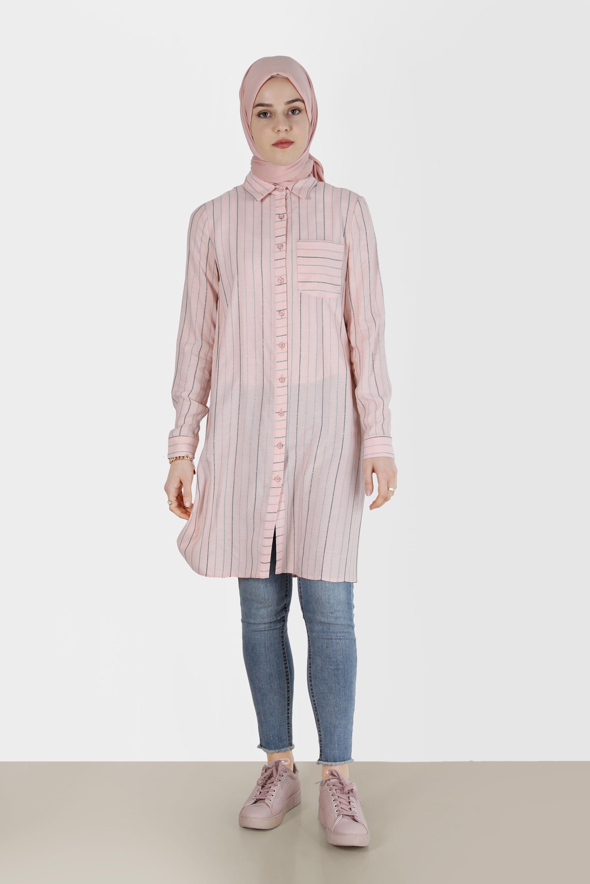 Tesettür giyim PUDRA ÇİZGİLİ TESETTÜR TUNİK 40726
