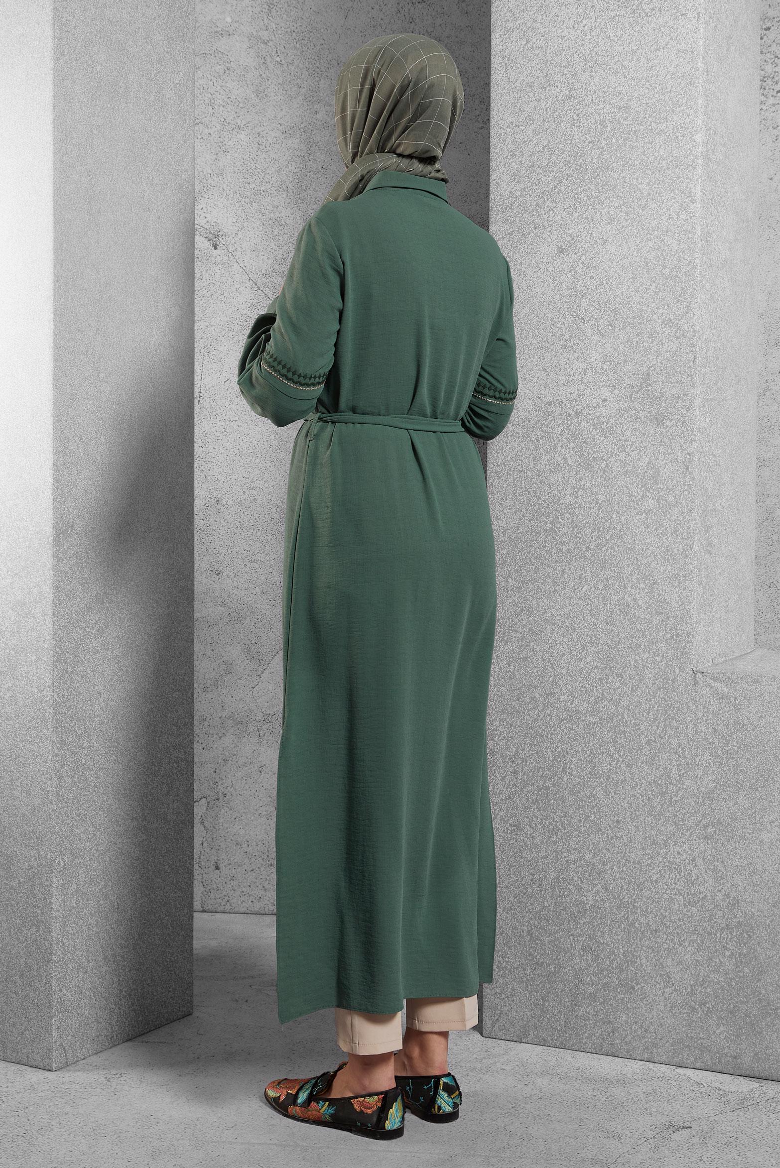 Tesettür giyim YEŞİL NAKIŞLI KUŞAKLI TUNİK 40739