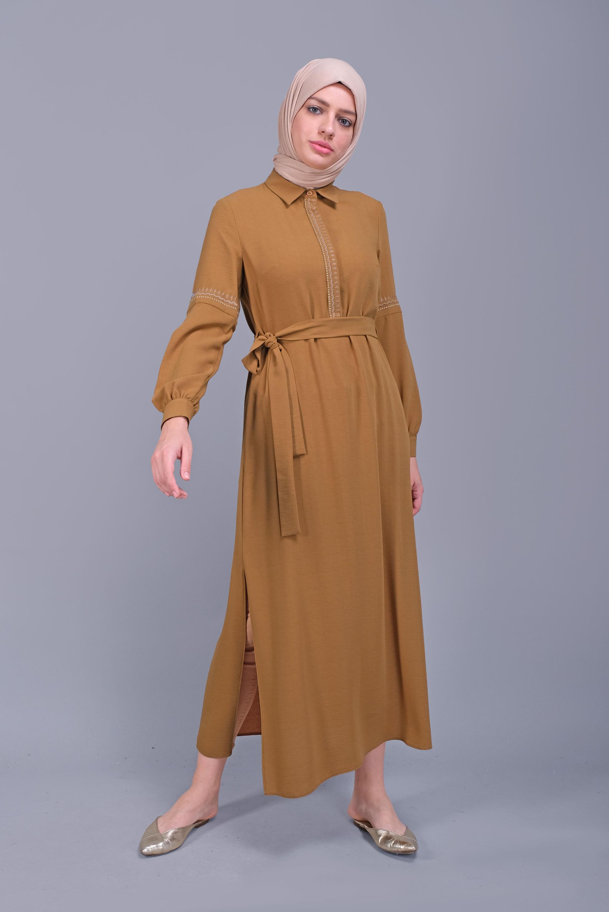 Tesettür giyim SARI NAKIŞLI KUŞAKLI TUNİK 40739