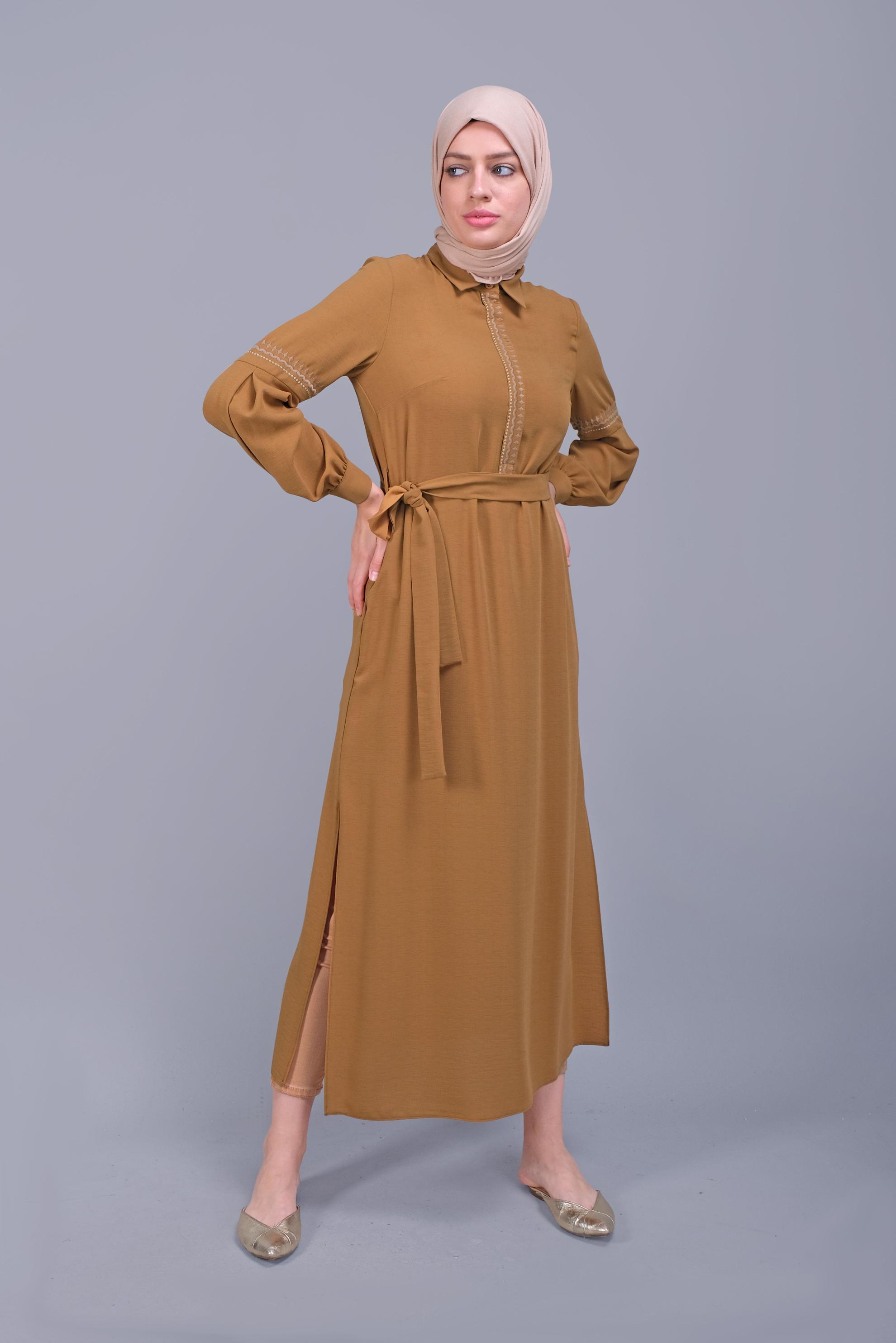 Tesettür giyim SARI NAKIŞLI KUŞAKLI TUNİK 40739