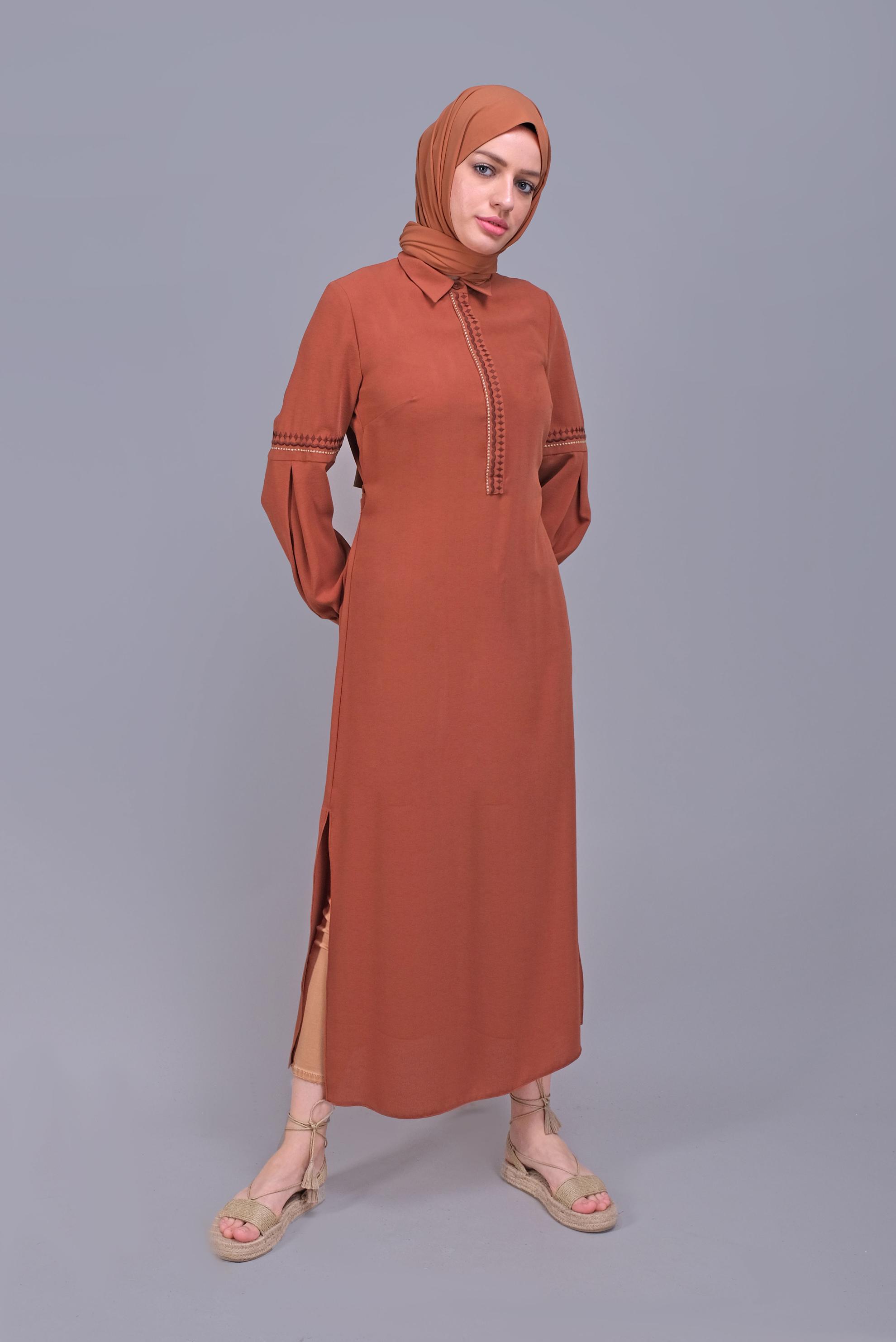 Tesettür giyim TURUNCU NAKIŞLI KUŞAKLI TUNİK 40739