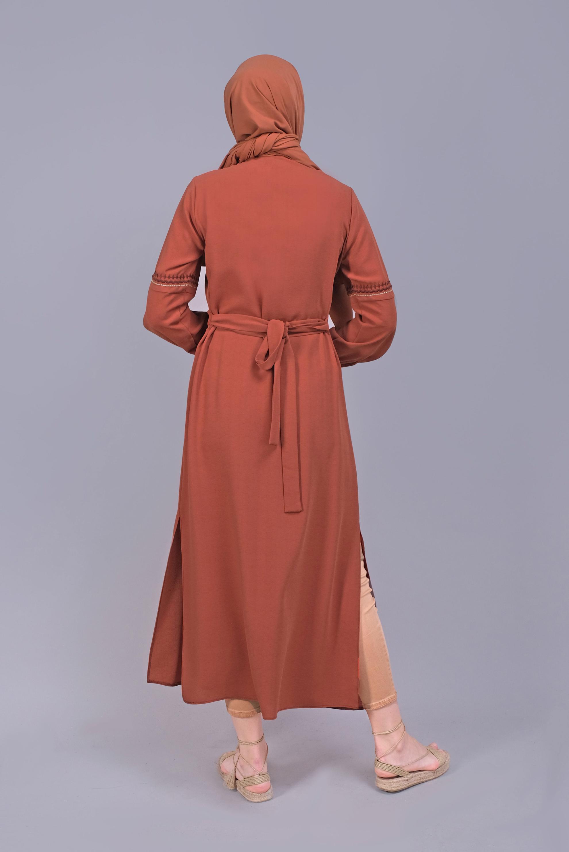 Tesettür giyim TURUNCU NAKIŞLI KUŞAKLI TUNİK 40739