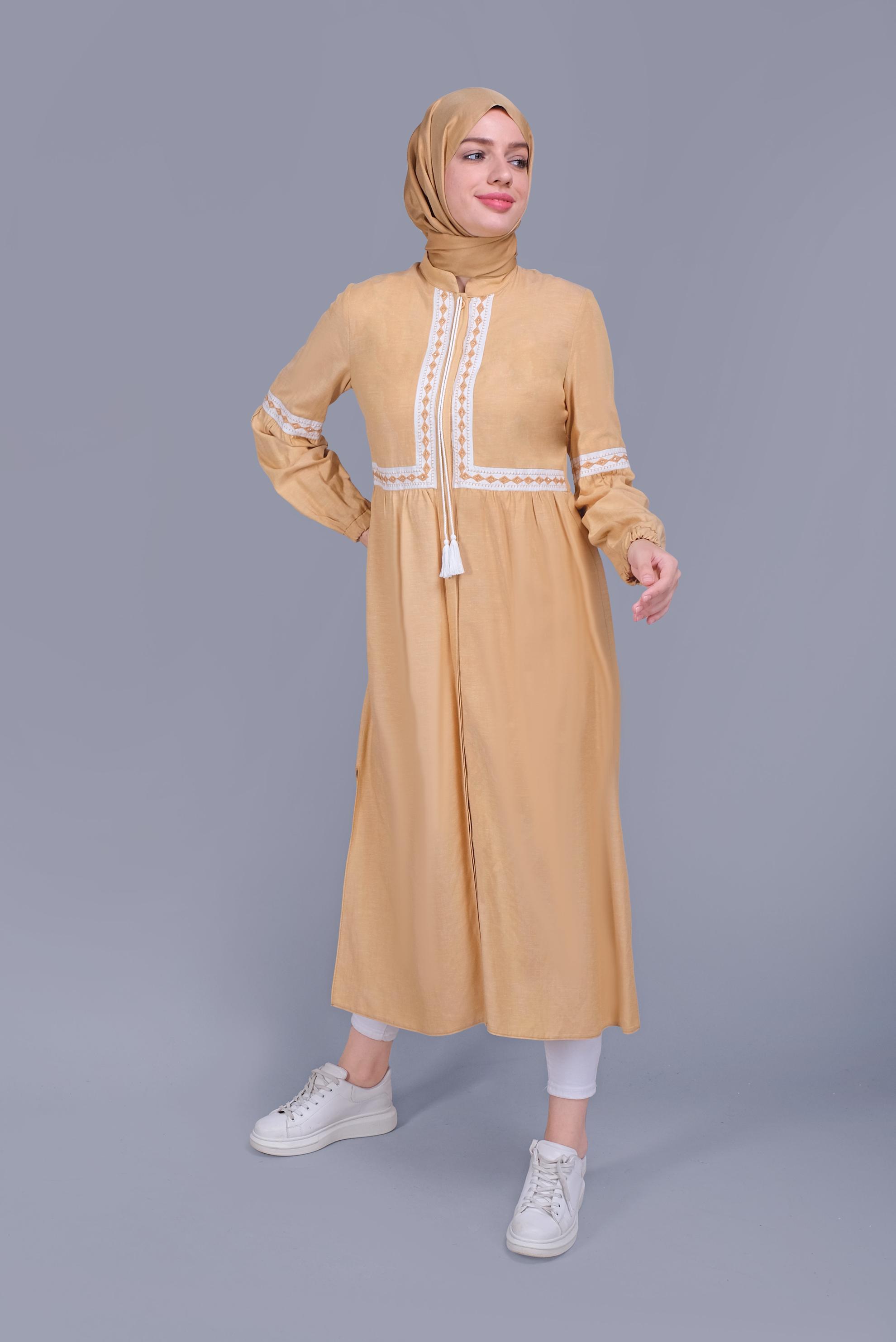 Tesettür giyim SARI NAKIŞLI BAĞCIKLI KETEN TUNİK 40779 