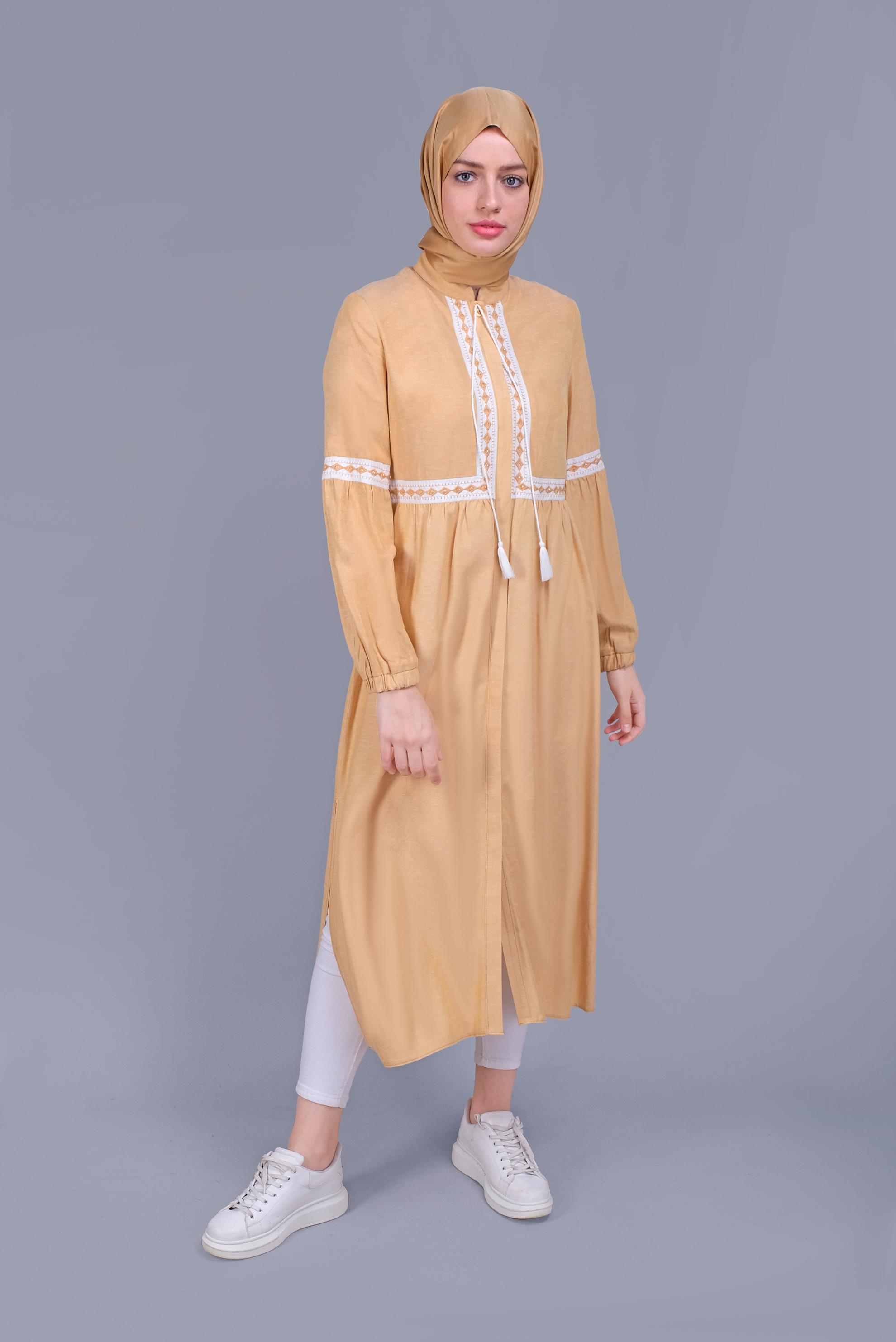 Tesettür giyim SARI NAKIŞLI BAĞCIKLI KETEN TUNİK 40779 