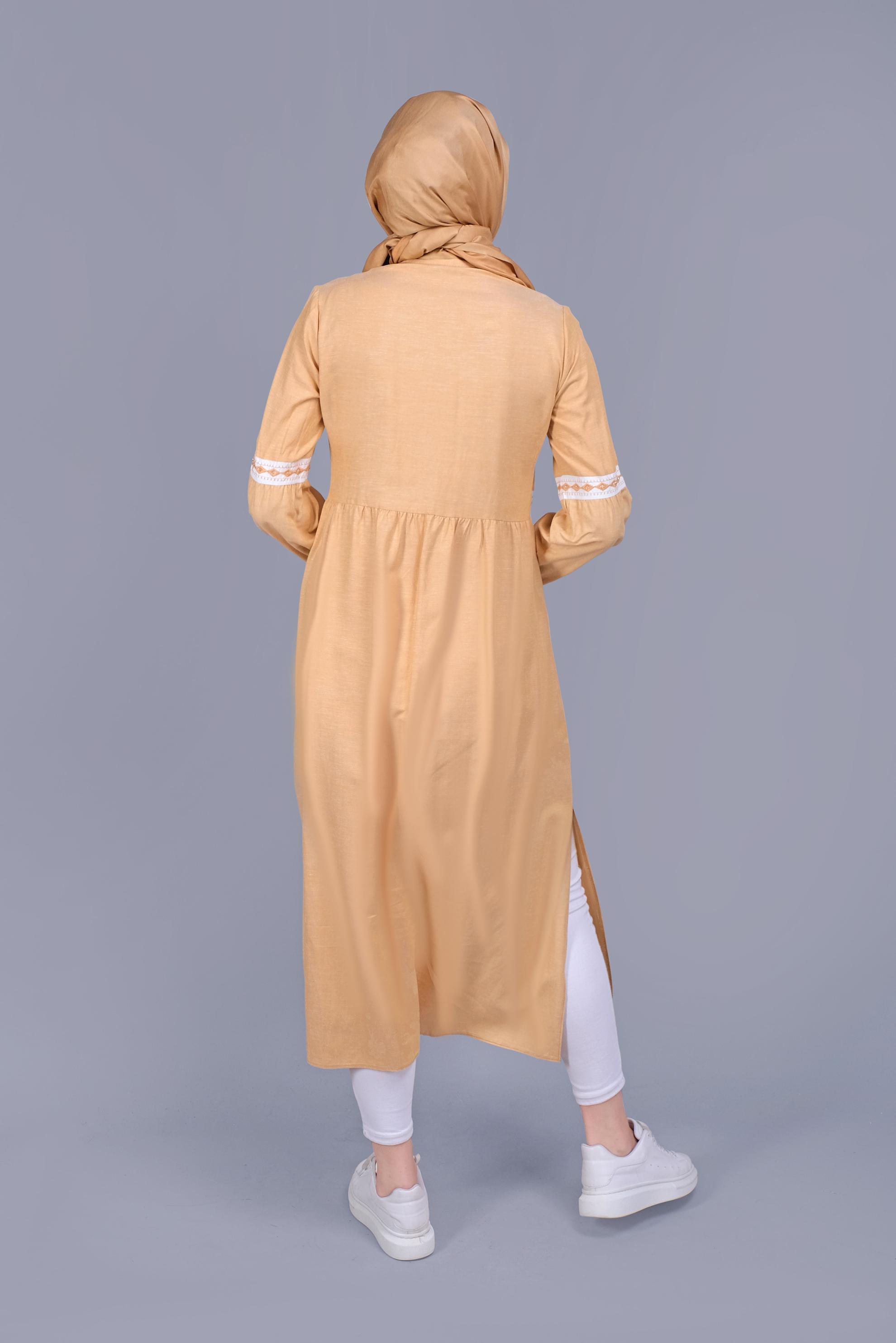 Tesettür giyim SARI NAKIŞLI BAĞCIKLI KETEN TUNİK 40779 