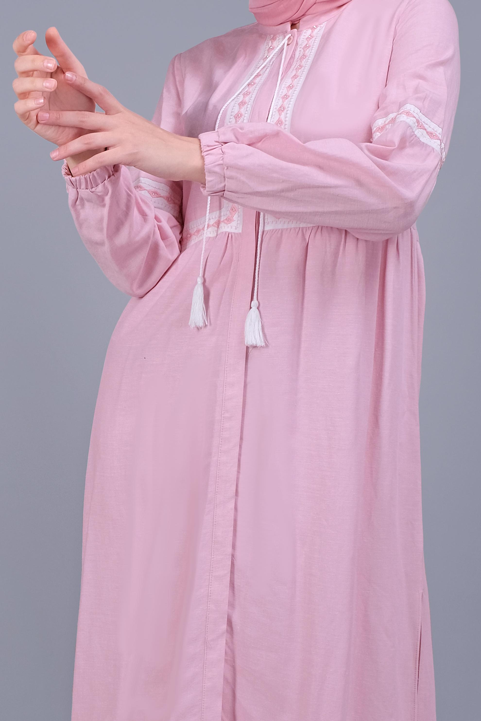 Tesettür giyim PEMBE NAKIŞLI BAĞCIKLI KETEN TUNİK 40779 