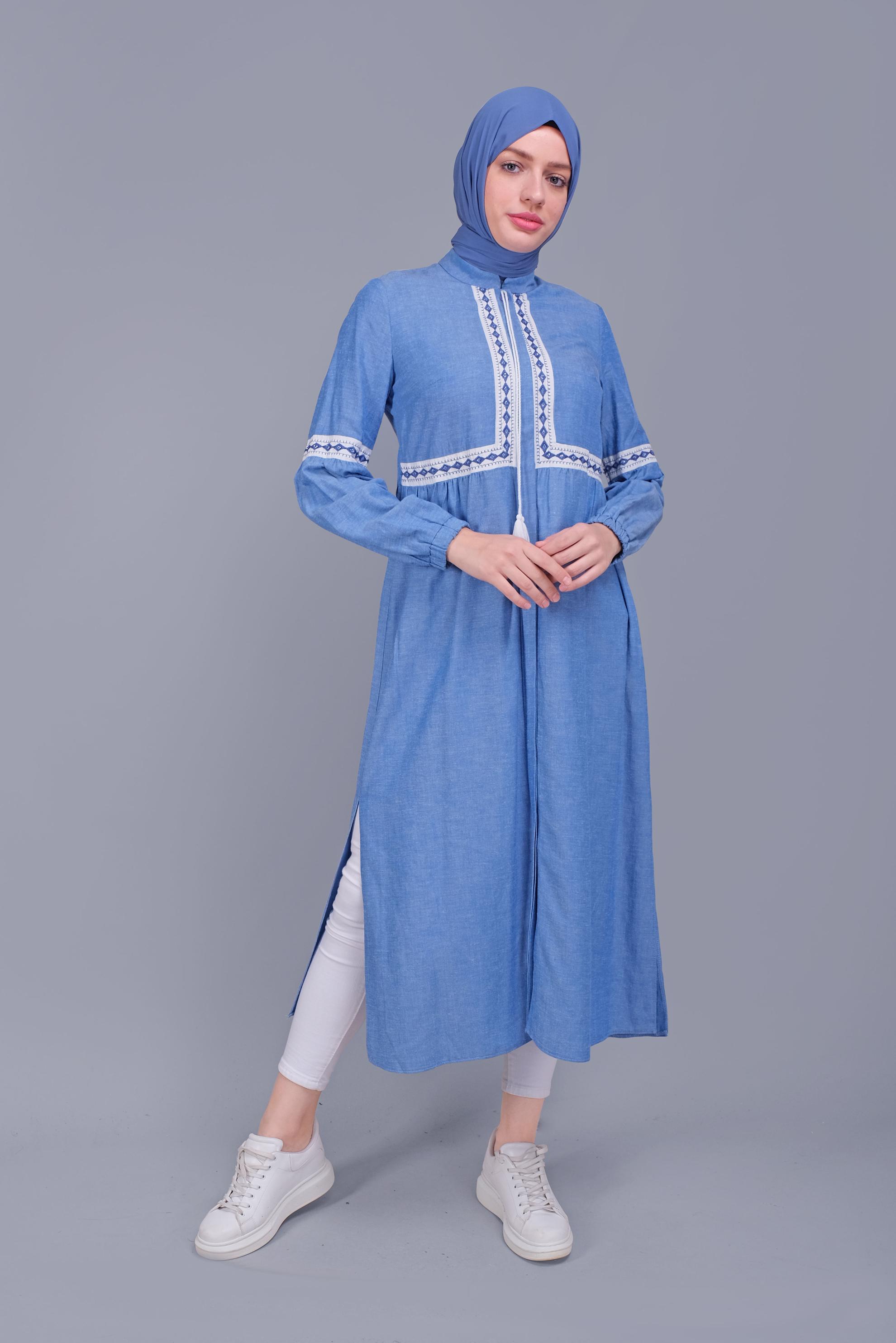 Tesettür giyim LACİVERT NAKIŞLI BAĞCIKLI KETEN TUNİK 40779 