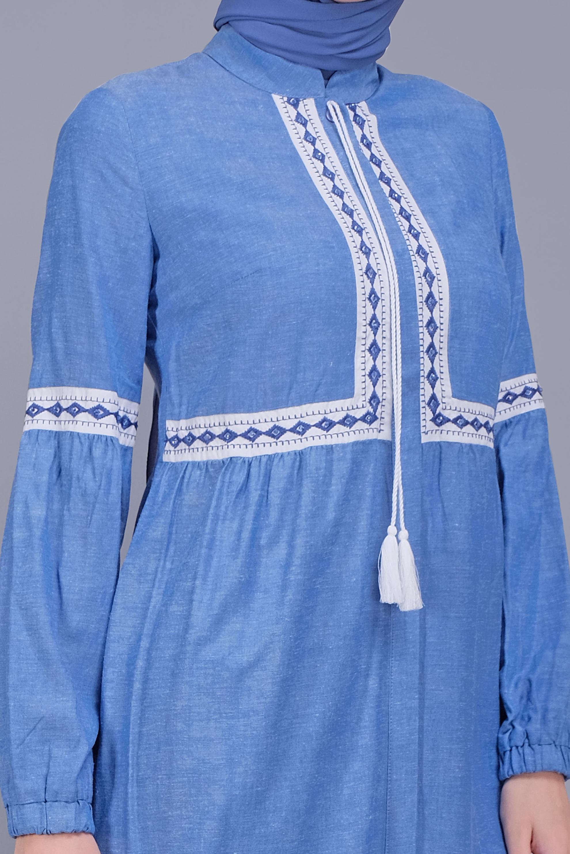 Tesettür giyim LACİVERT NAKIŞLI BAĞCIKLI KETEN TUNİK 40779 