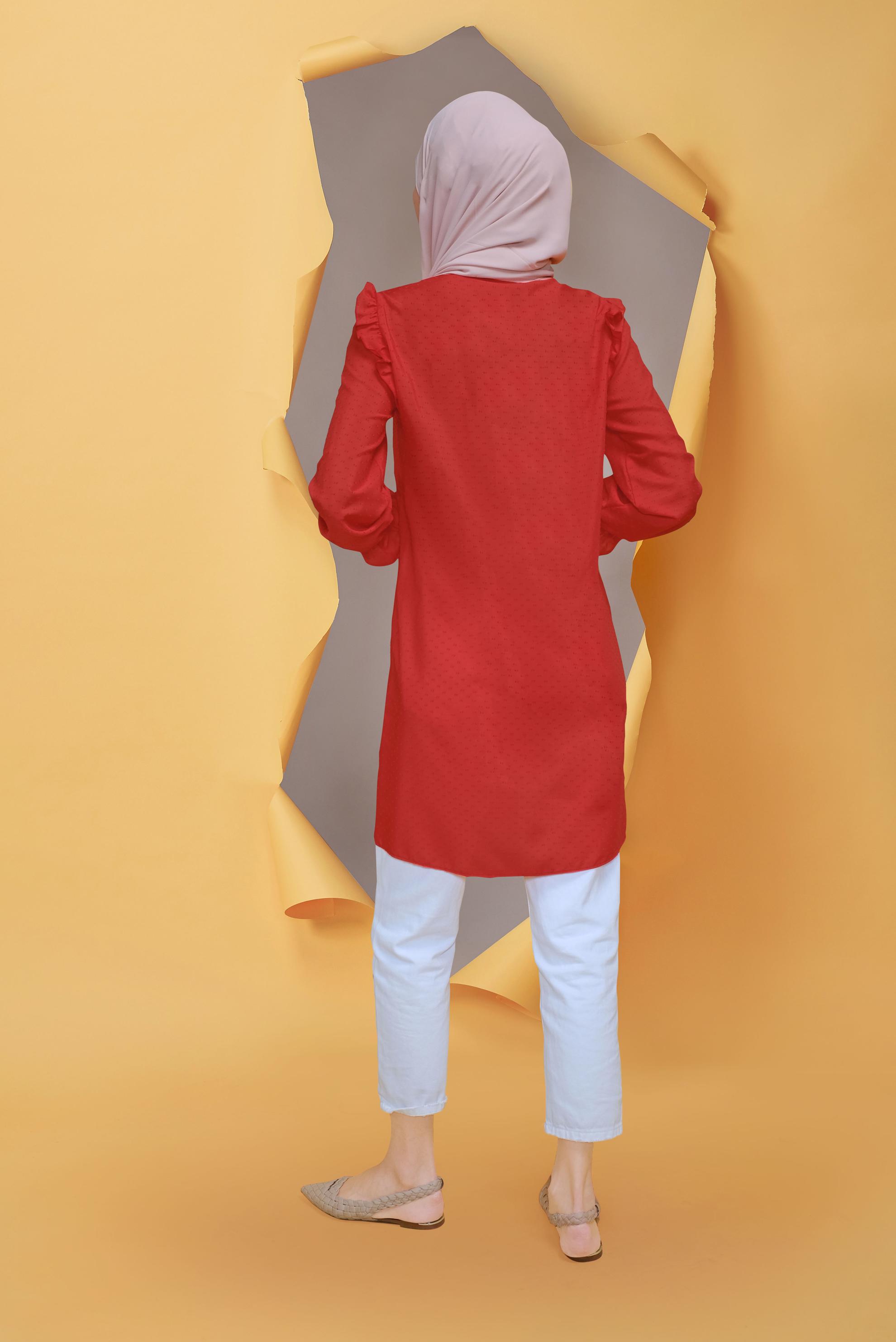 Tesettür giyim KIRMIZI BOYDAN DÜĞMELİ FIRFIR DETAYLI TUNİK 40795