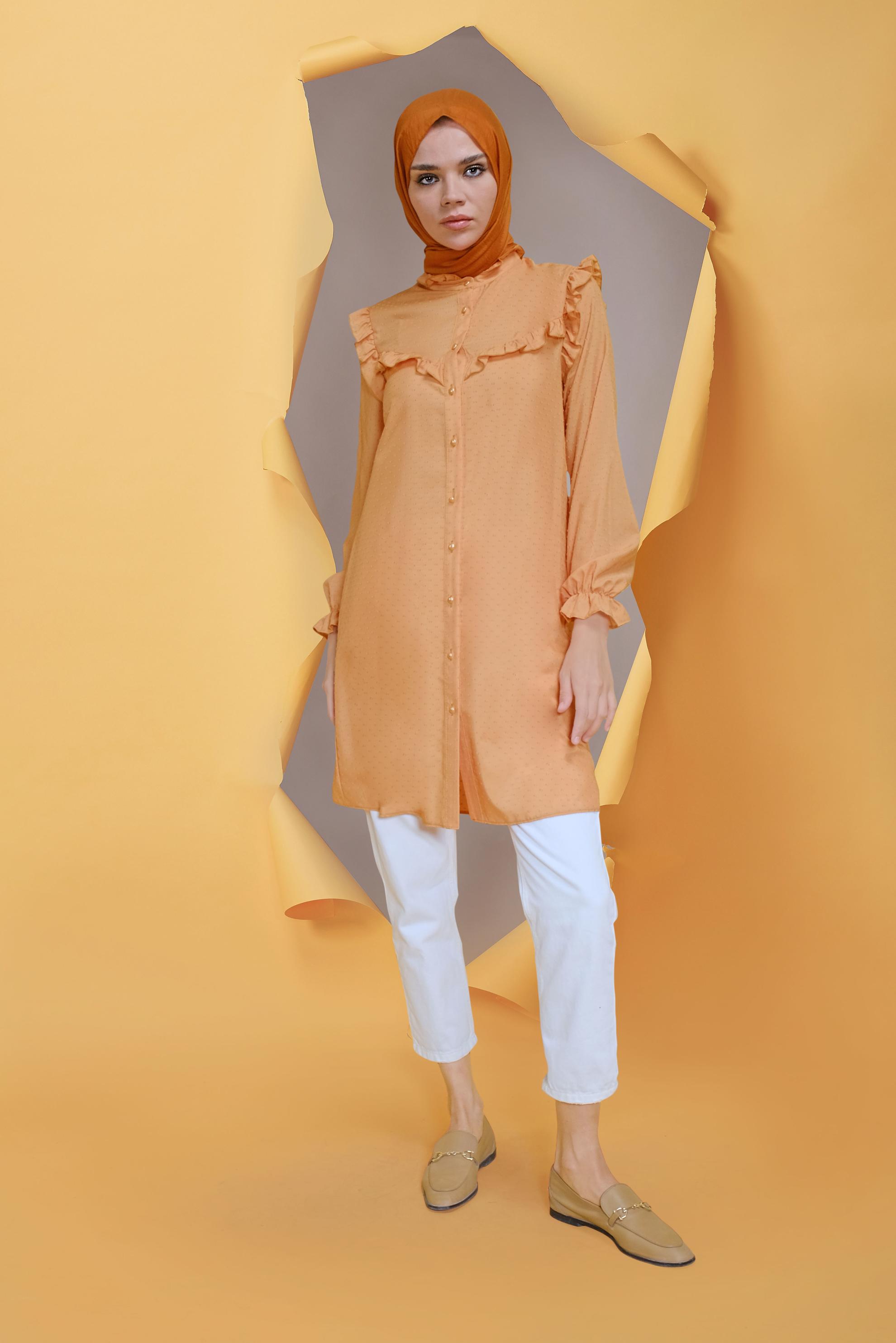 Tesettür giyim SARI BOYDAN DÜĞMELİ FIRFIR DETAYLI TUNİK 40795