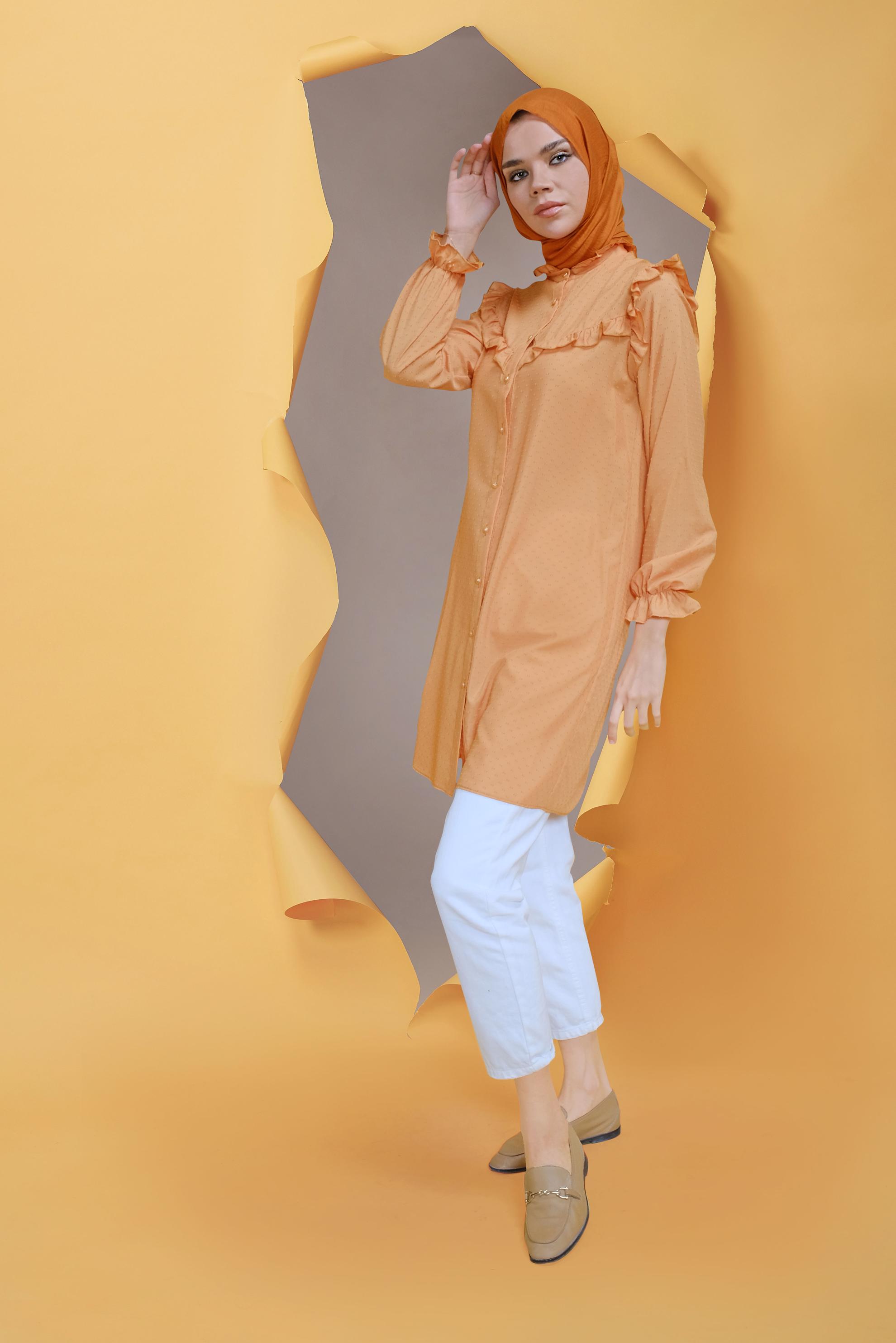 Tesettür giyim SARI BOYDAN DÜĞMELİ FIRFIR DETAYLI TUNİK 40795