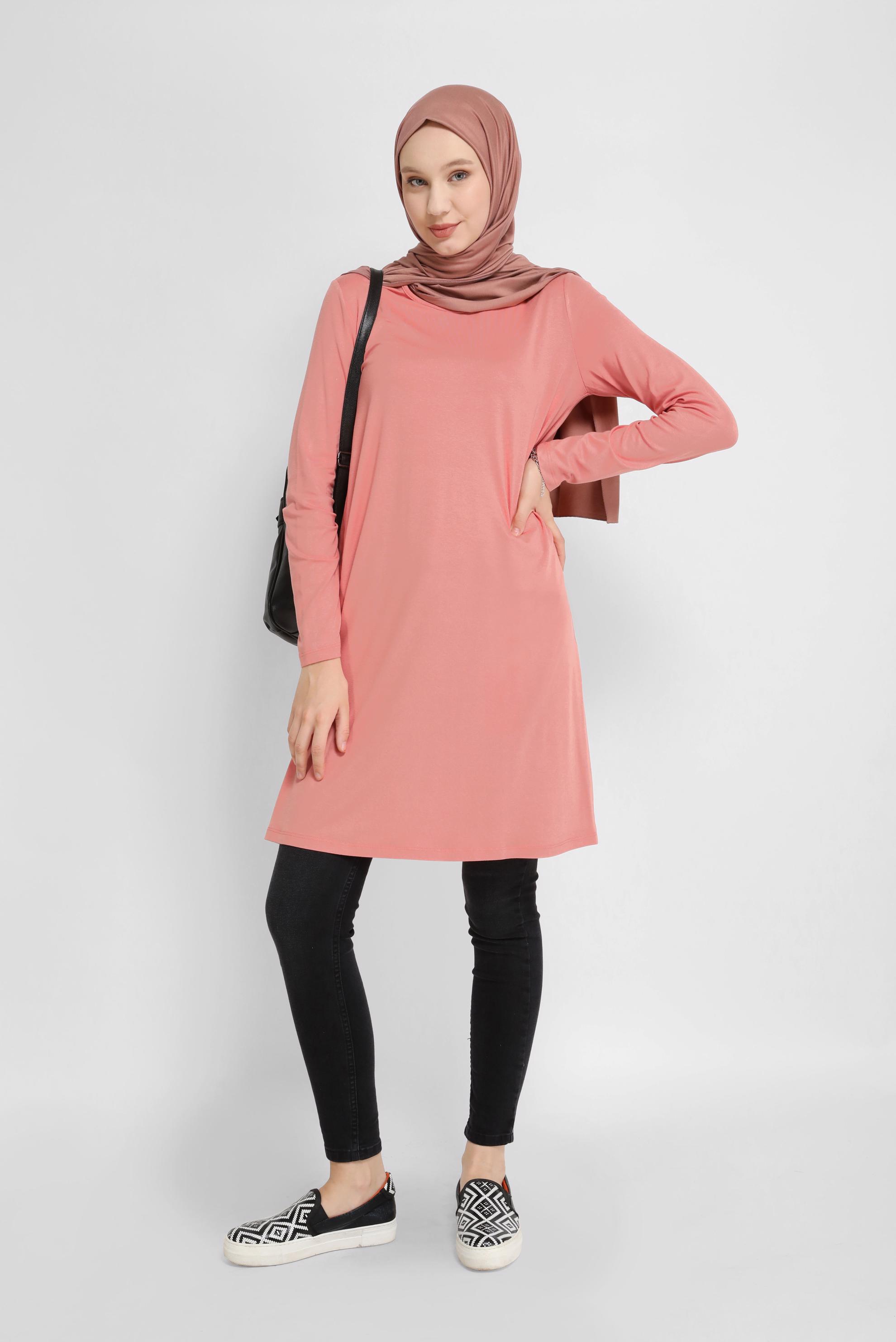 Tesettür giyim PUDRA BİSİKLET YAKA TUNİK 40825