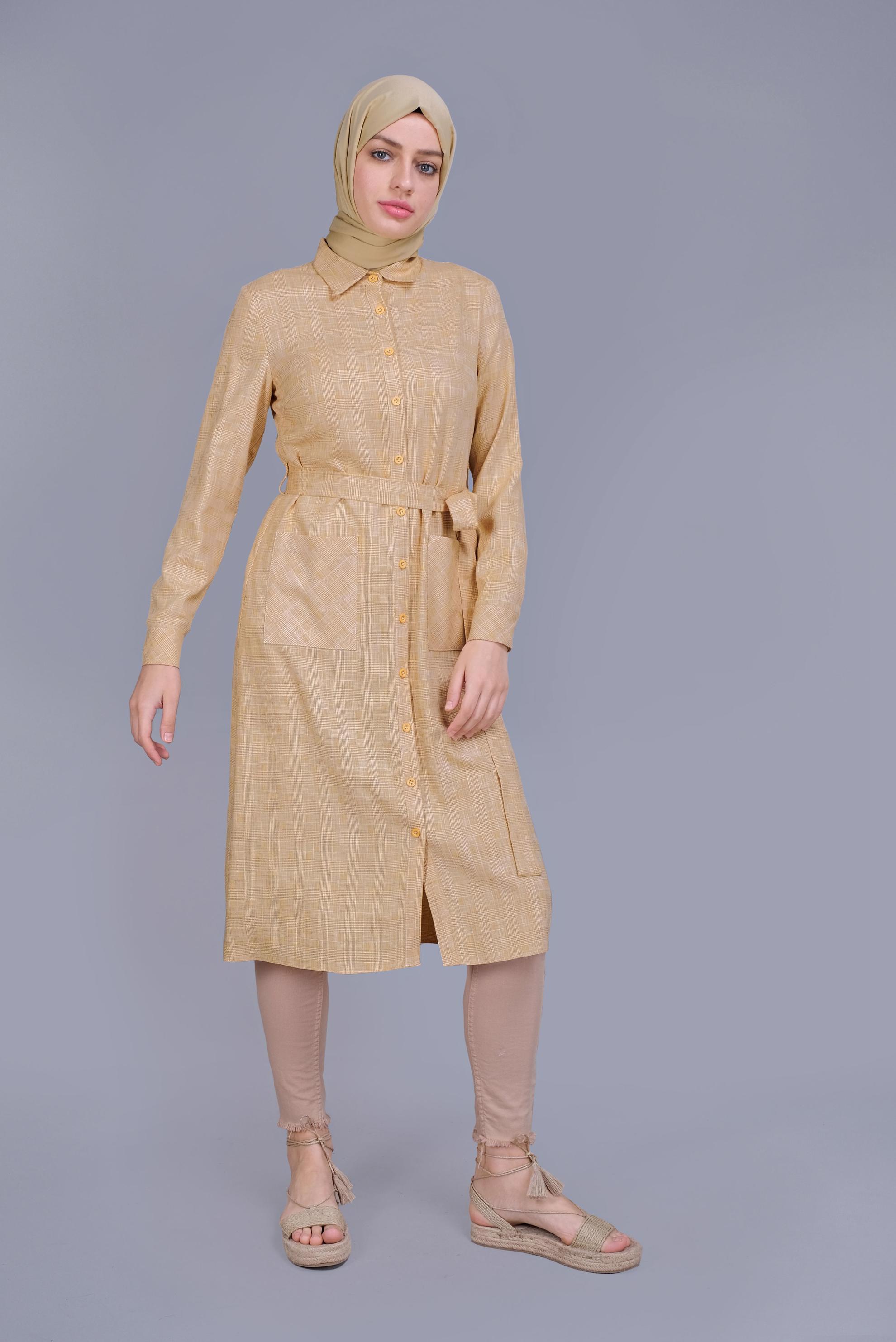 Tesettür giyim SARI BOYDAN DÜĞMELİ KUŞAKLI TUNİK 40833