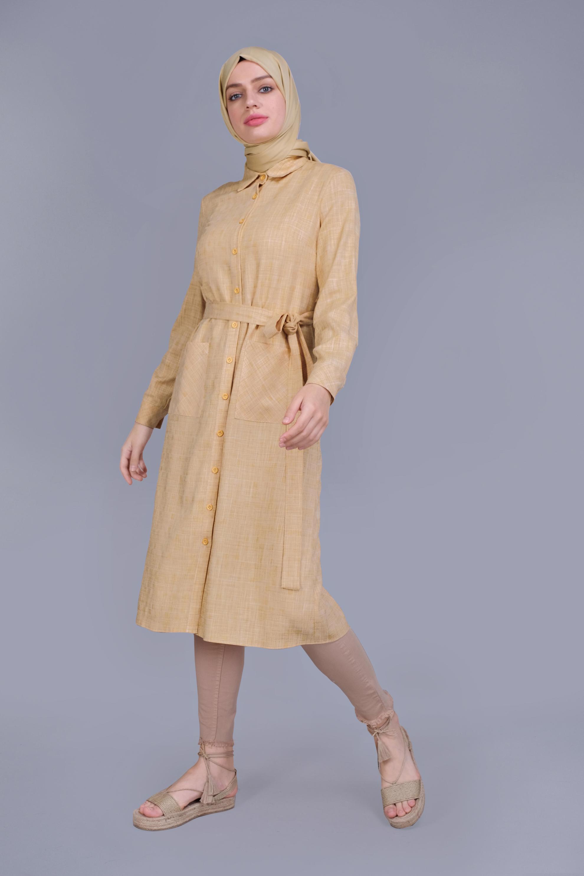 Tesettür giyim SARI BOYDAN DÜĞMELİ KUŞAKLI TUNİK 40833