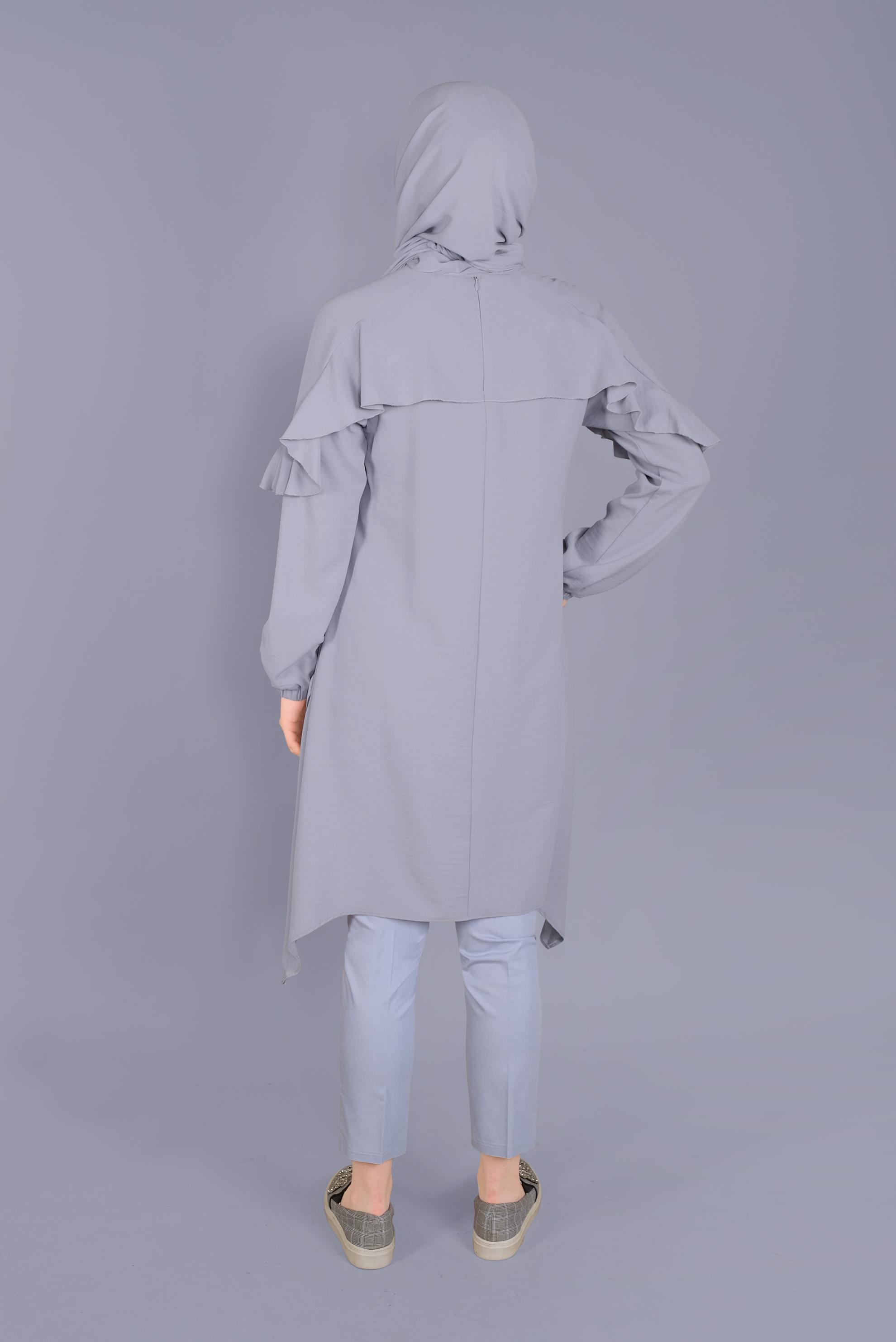 Tesettür giyim GRİ FIRFIR DETAYLI BAĞCIKLI TUNİK 40842 