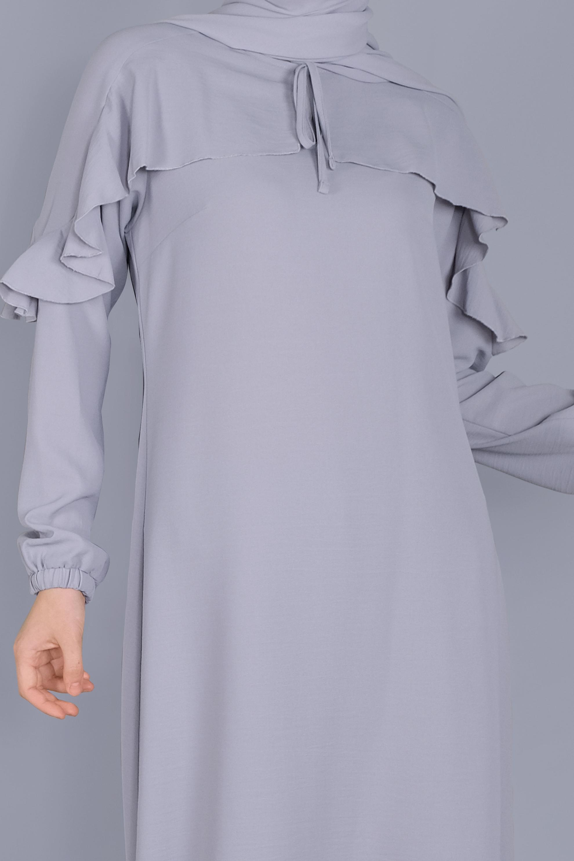 Tesettür giyim GRİ FIRFIR DETAYLI BAĞCIKLI TUNİK 40842 