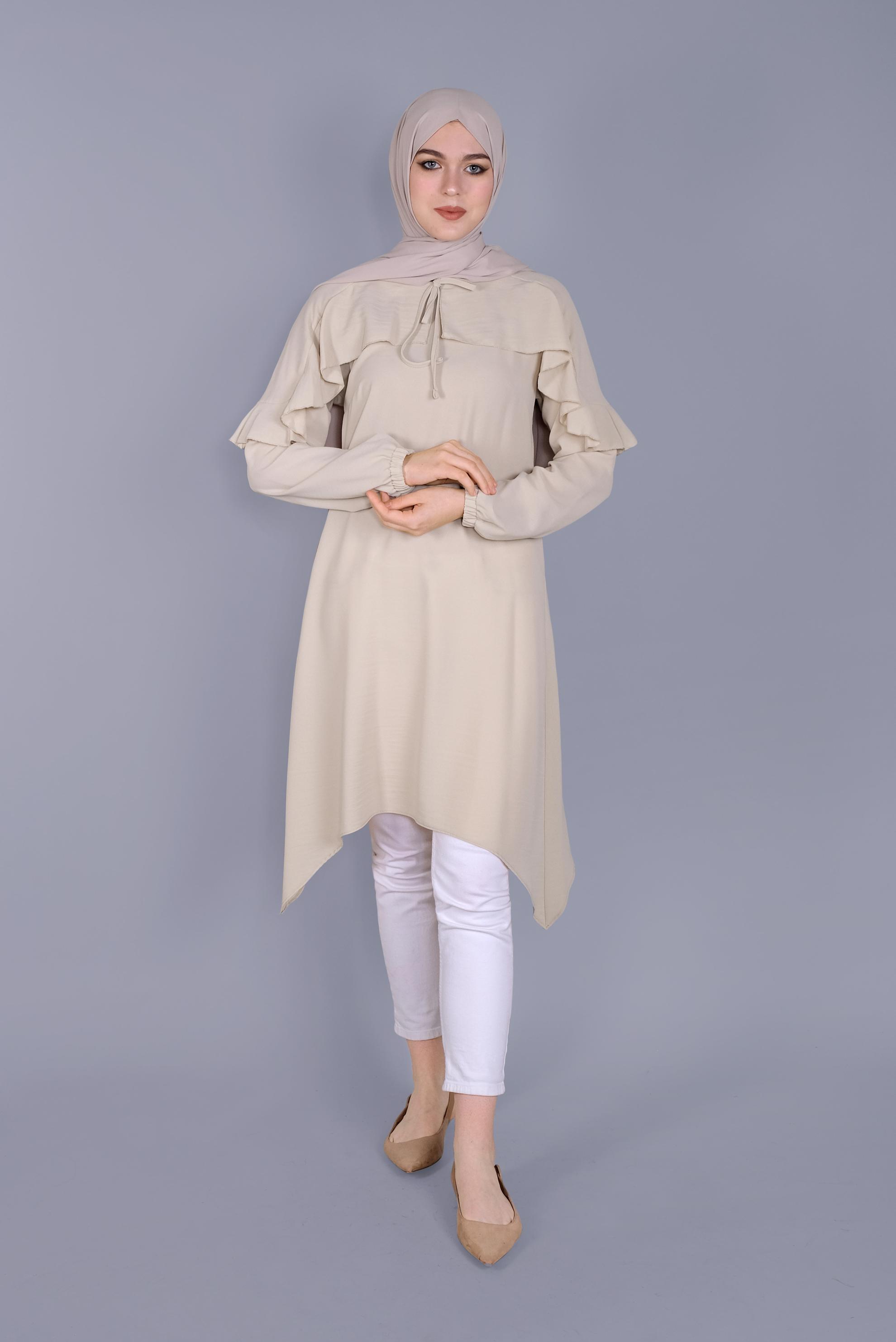 Tesettür giyim BEJ FIRFIR DETAYLI BAĞCIKLI TUNİK 40842 