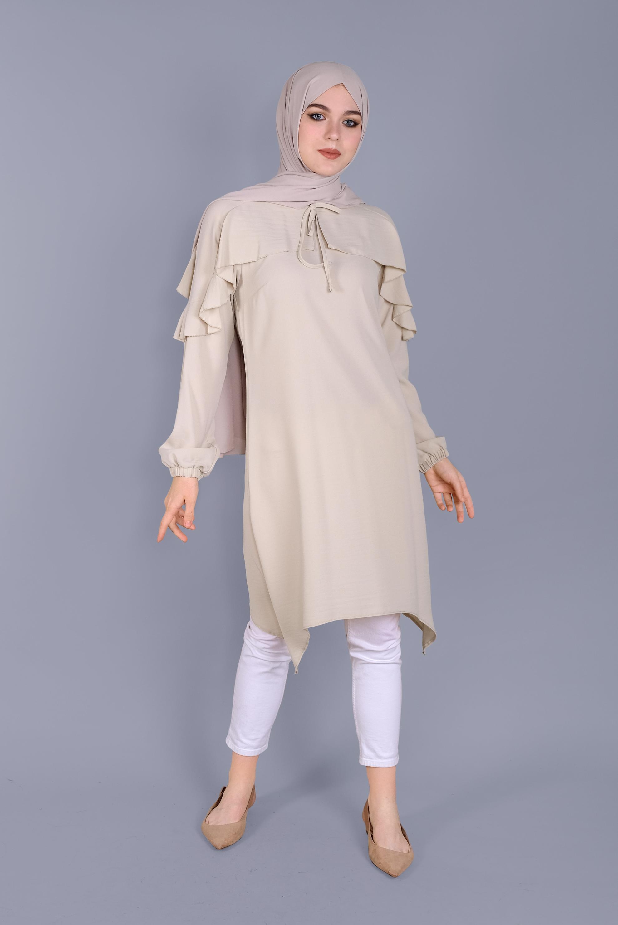 Tesettür giyim BEJ FIRFIR DETAYLI BAĞCIKLI TUNİK 40842 