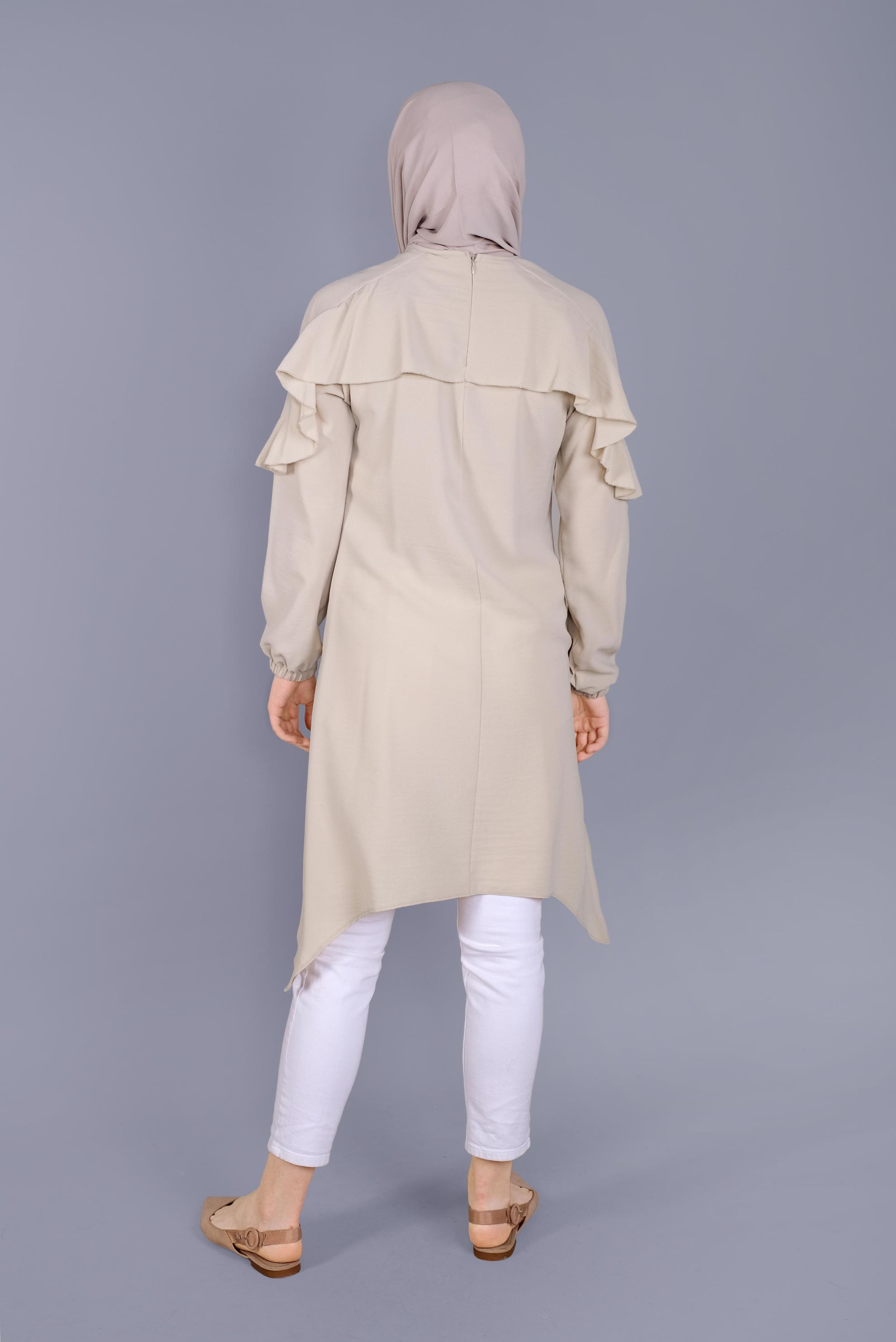 Tesettür giyim BEJ FIRFIR DETAYLI BAĞCIKLI TUNİK 40842 