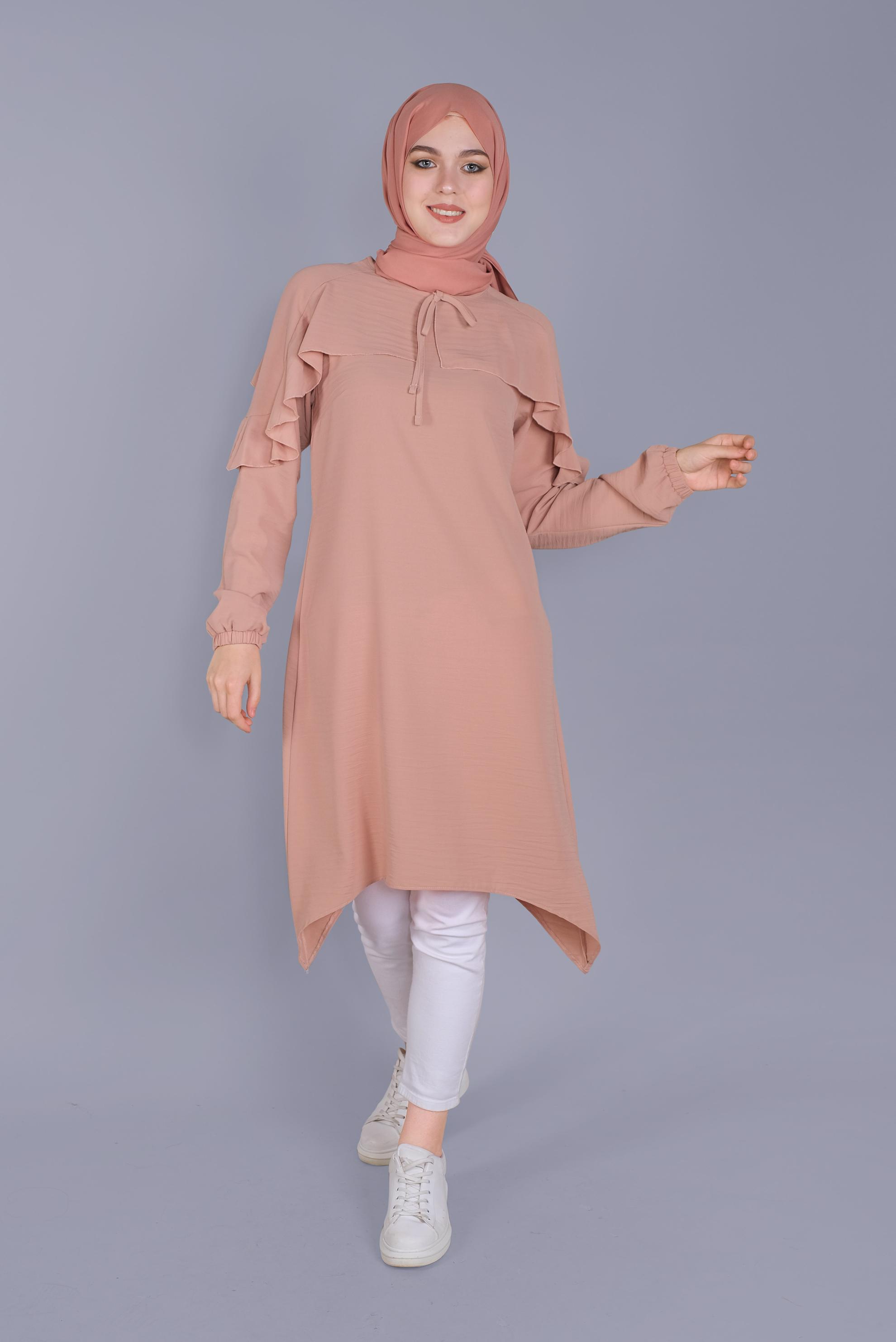 Tesettür giyim PUDRA FIRFIR DETAYLI BAĞCIKLI TUNİK 40842 