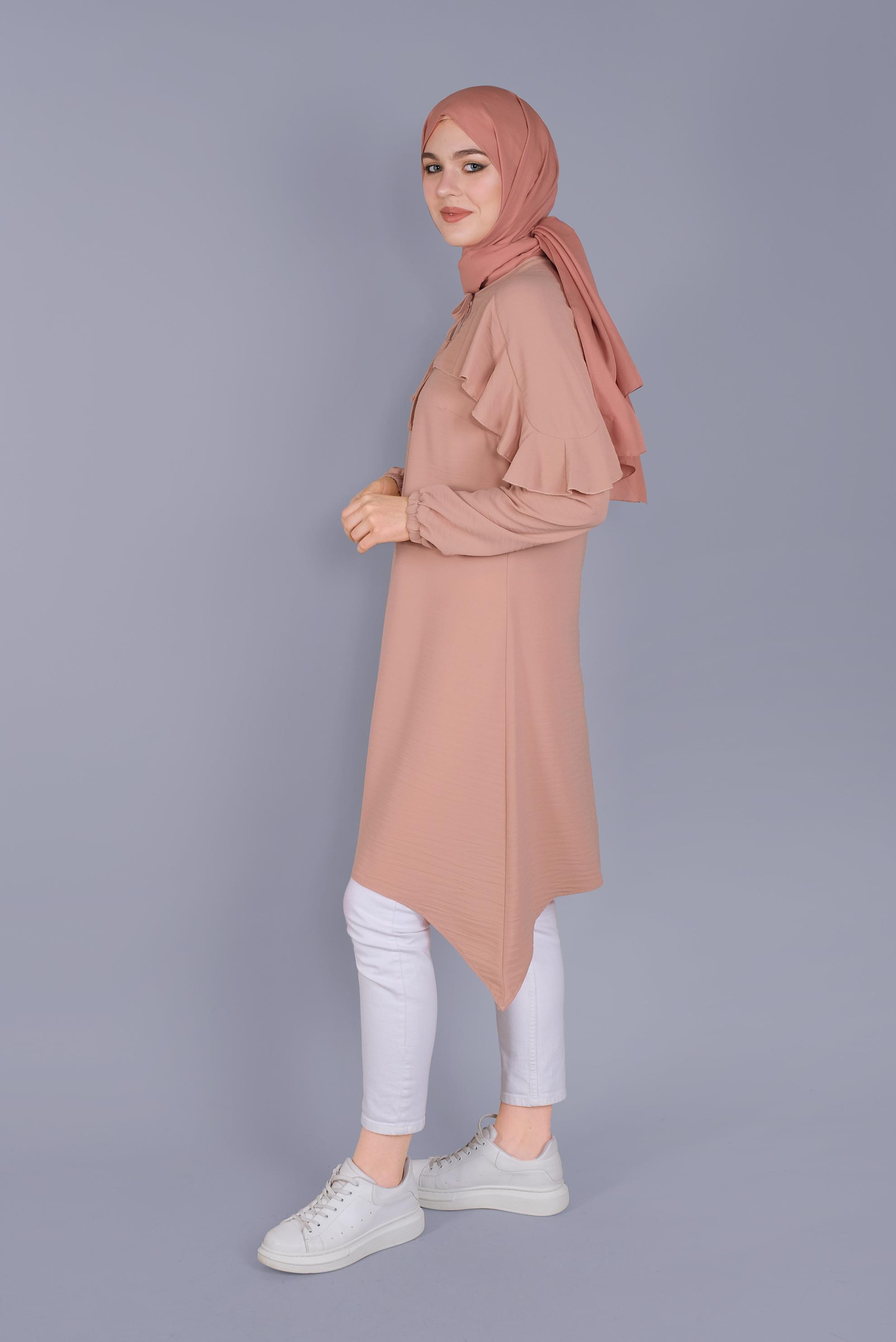 Tesettür giyim PUDRA FIRFIR DETAYLI BAĞCIKLI TUNİK 40842 