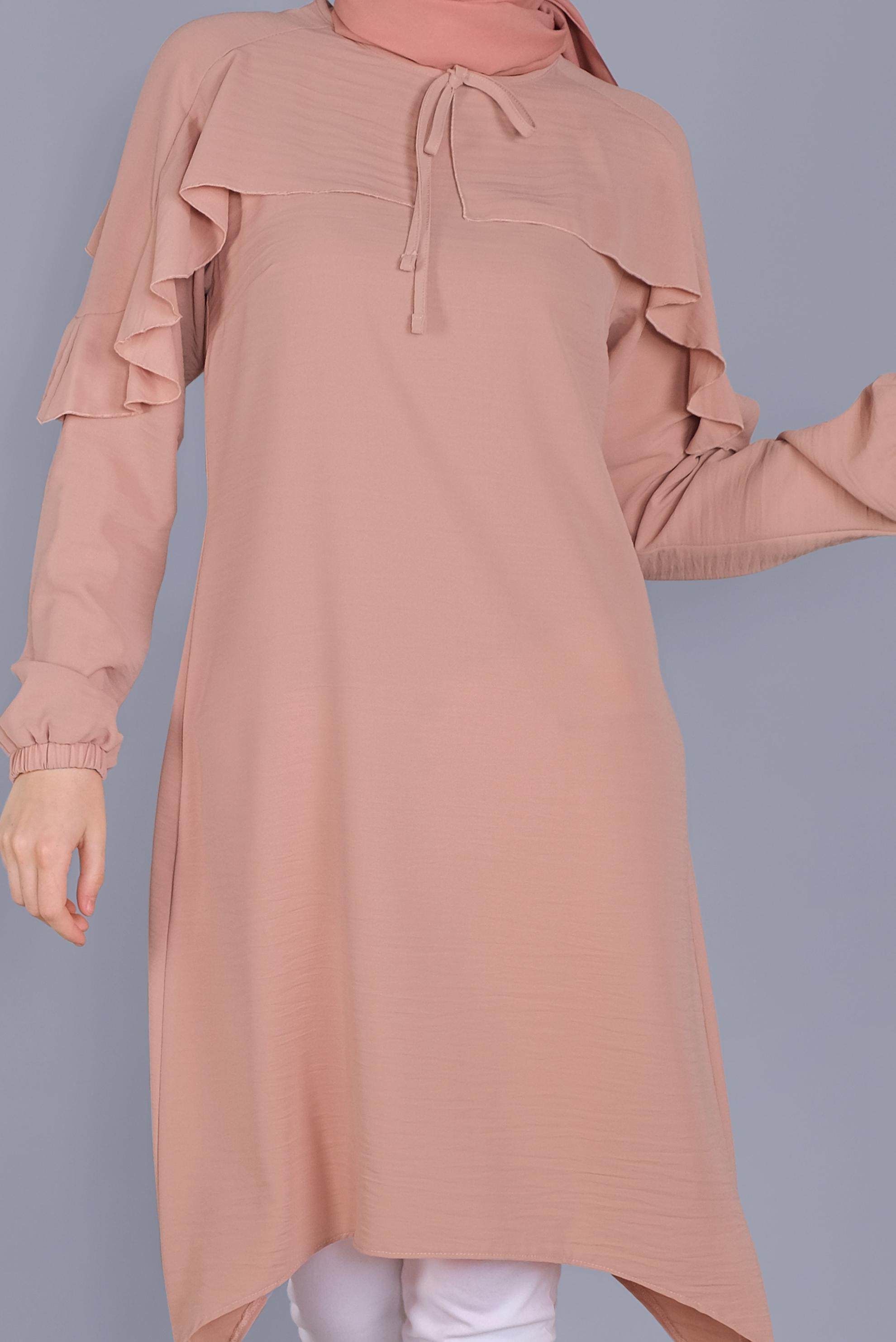 Tesettür giyim PUDRA FIRFIR DETAYLI BAĞCIKLI TUNİK 40842 