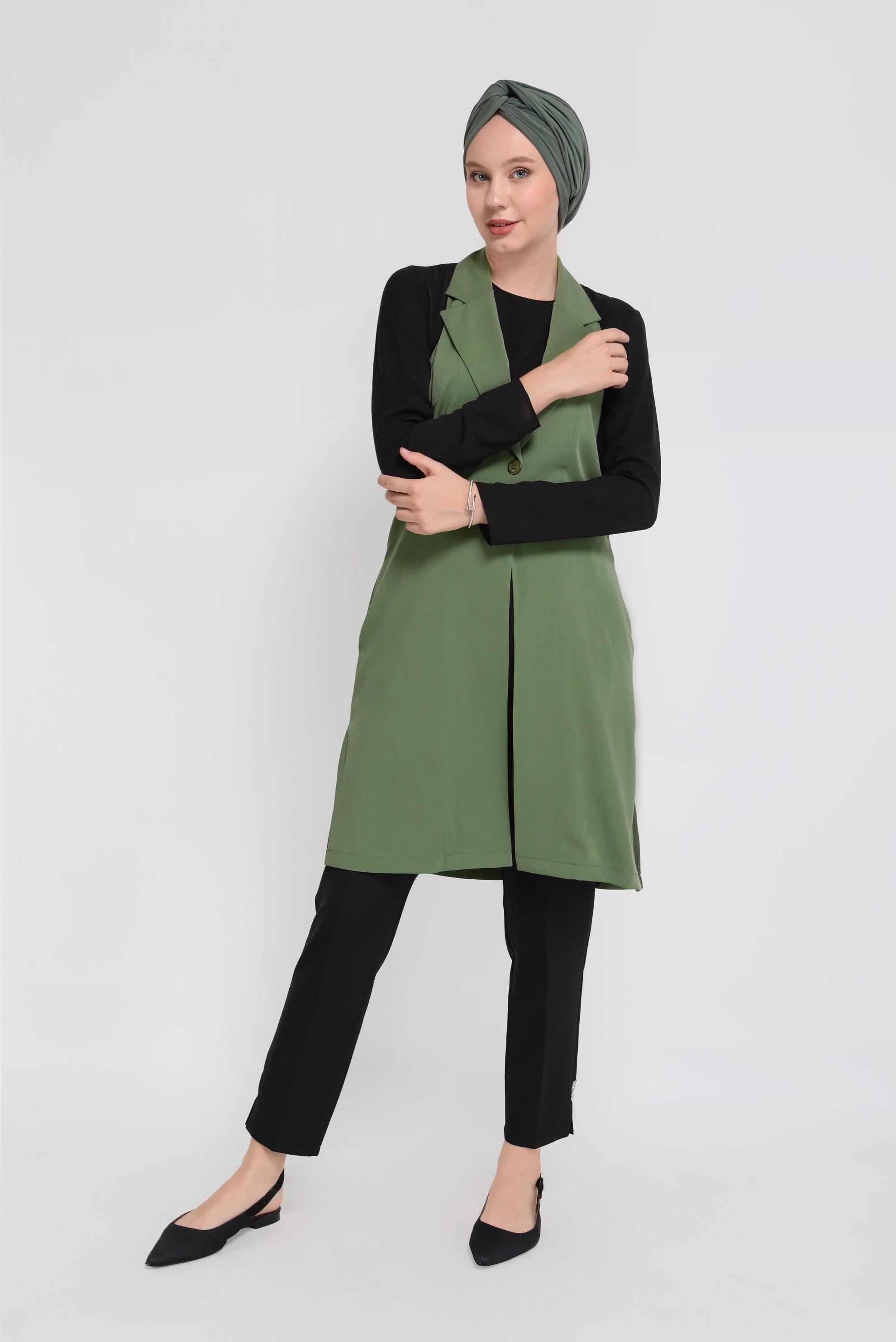 Tesettür giyim HAKİ DÜĞME DETAYLI KRUVAZE YELEK 40845