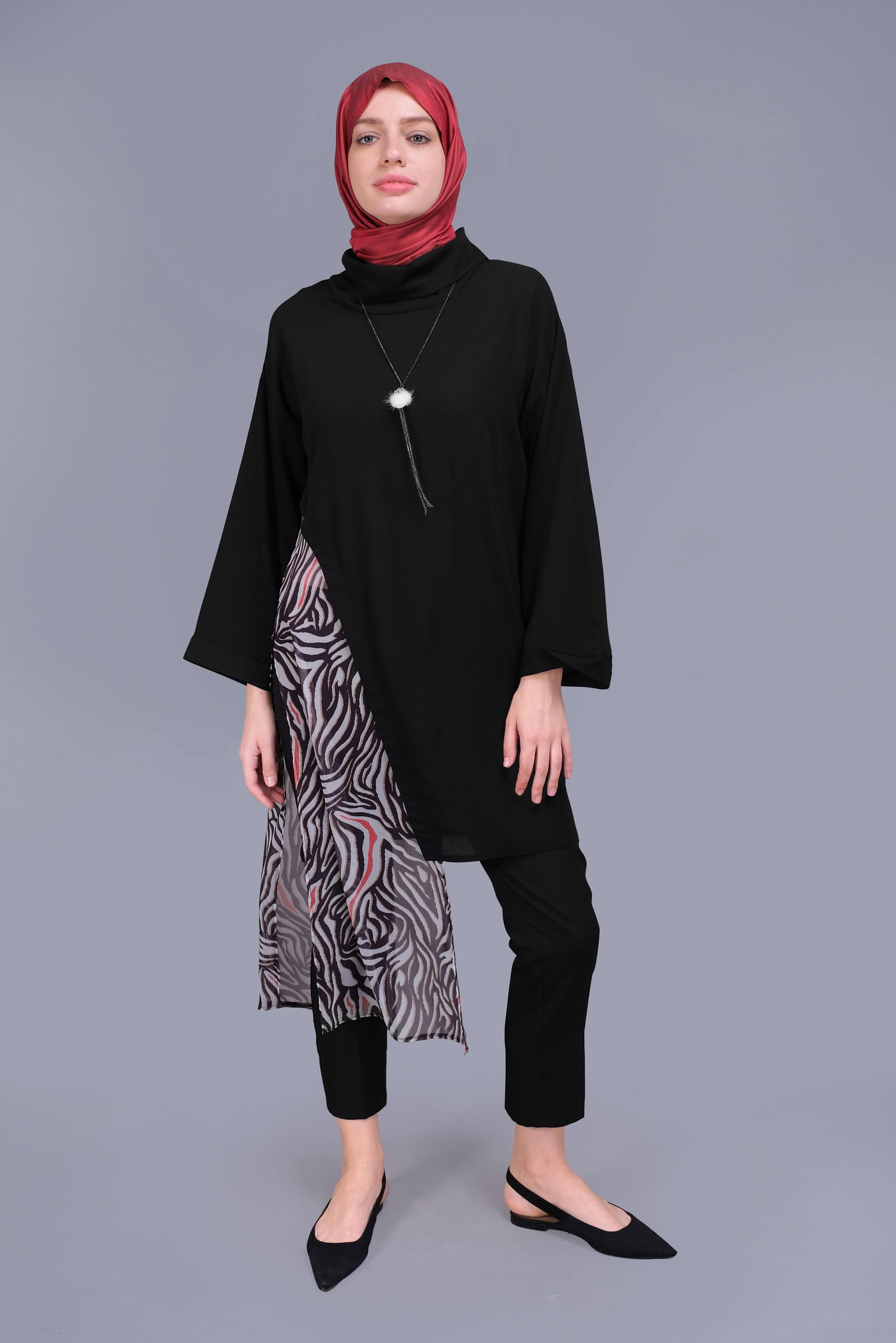 Tesettür giyim KIRMIZI DESENLİ TÜL DETAYLI YUVARLAK YAKA TUNİK 40846 