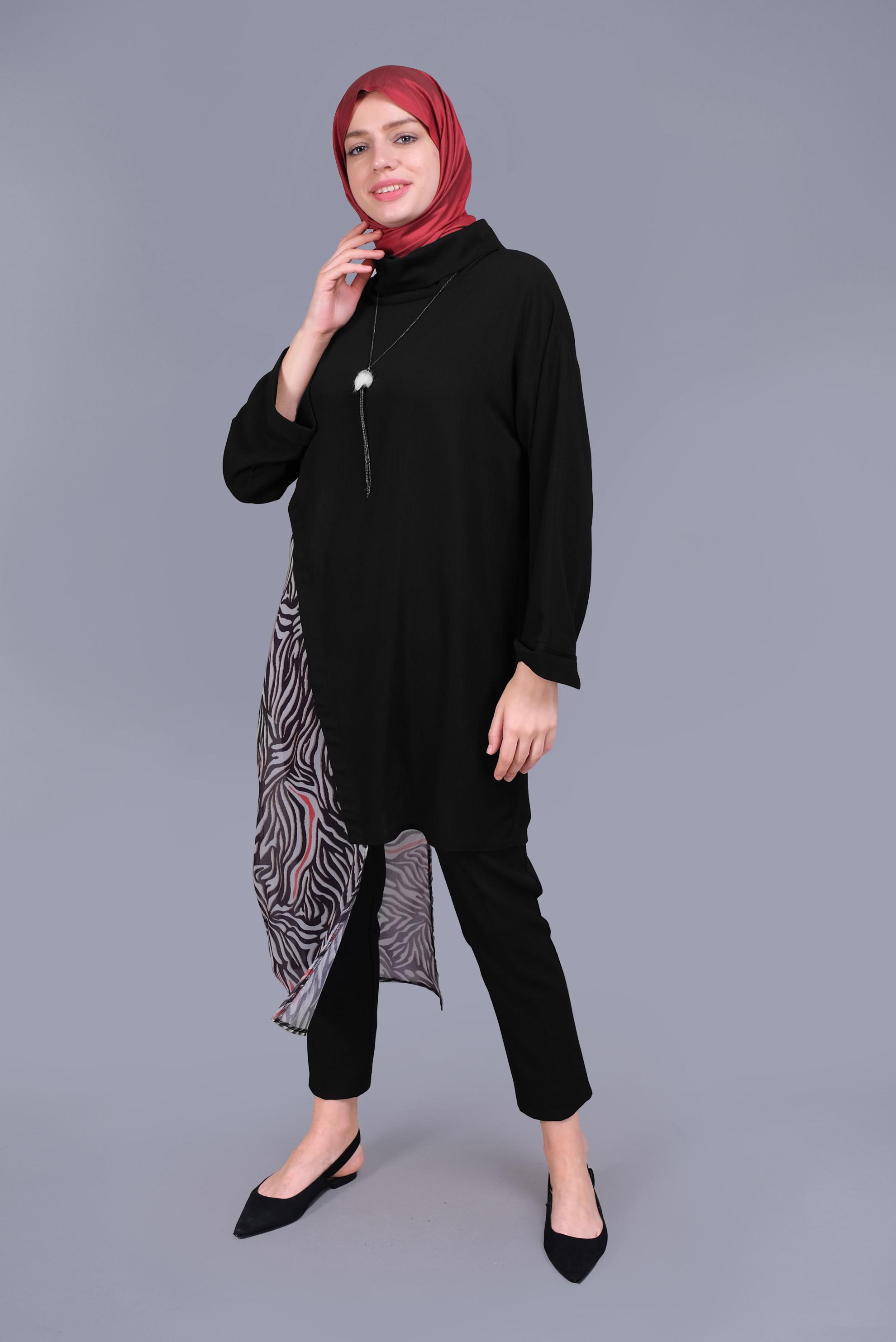 Tesettür giyim KIRMIZI DESENLİ TÜL DETAYLI YUVARLAK YAKA TUNİK 40846 