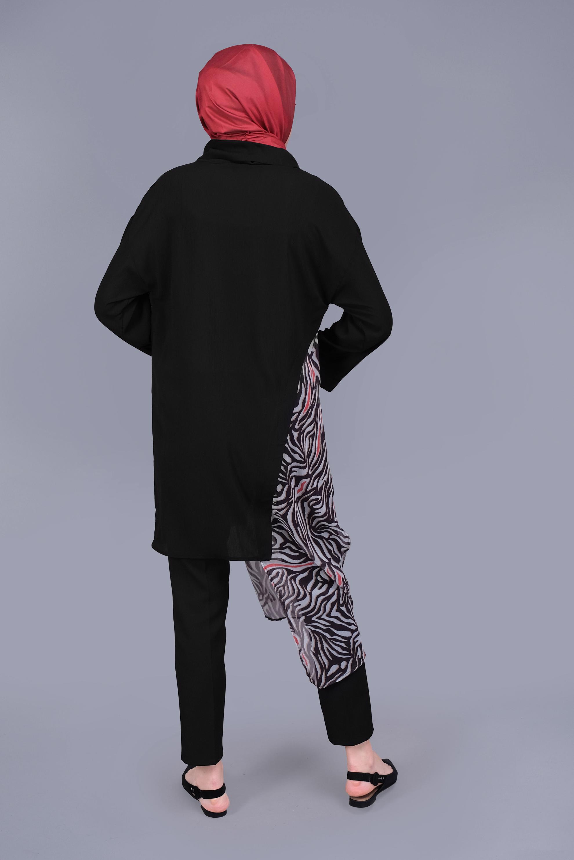 Tesettür giyim KIRMIZI DESENLİ TÜL DETAYLI YUVARLAK YAKA TUNİK 40846 