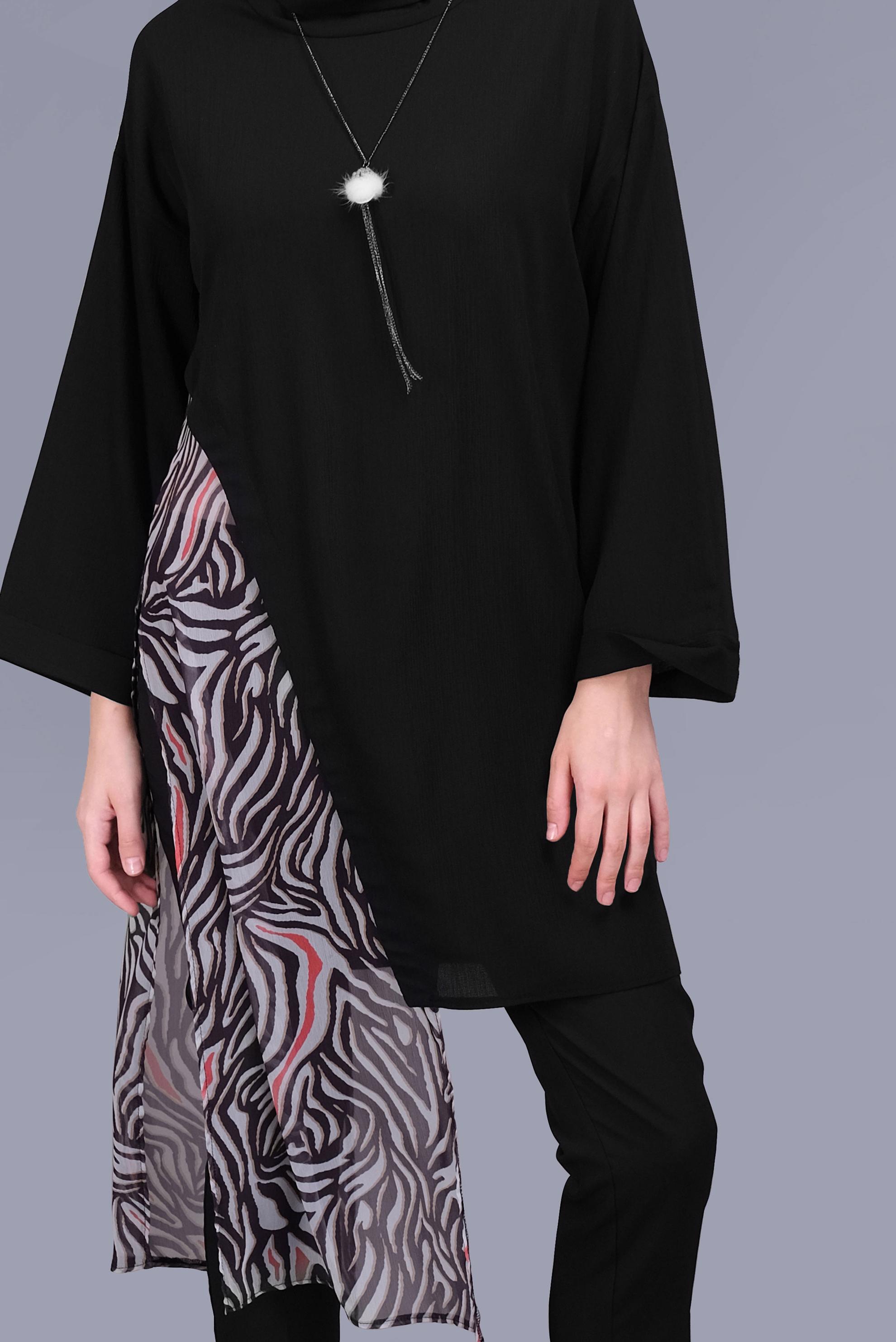 Tesettür giyim KIRMIZI DESENLİ TÜL DETAYLI YUVARLAK YAKA TUNİK 40846 