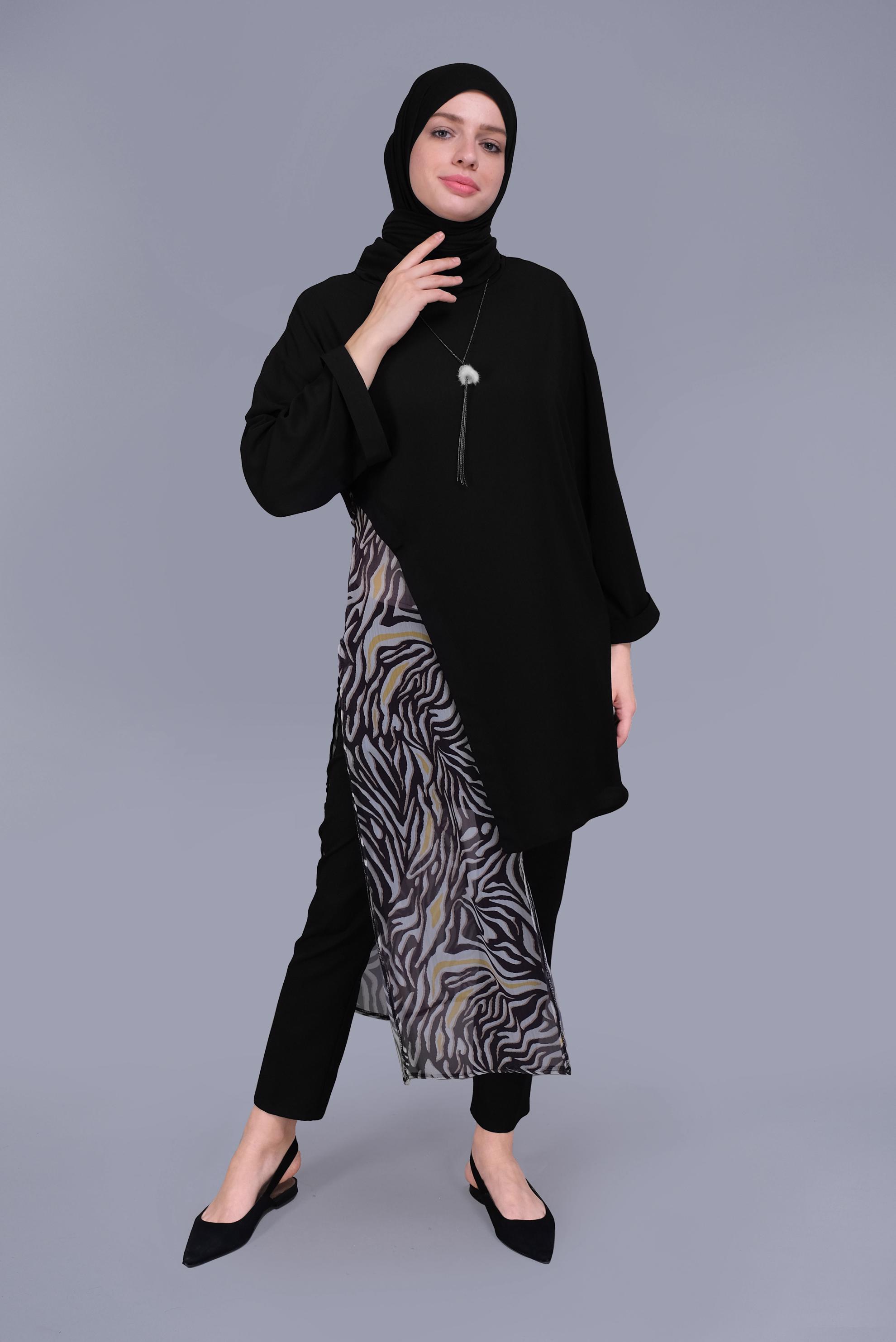 Tesettür giyim SARI DESENLİ TÜL DETAYLI YUVARLAK YAKA TUNİK 40846 