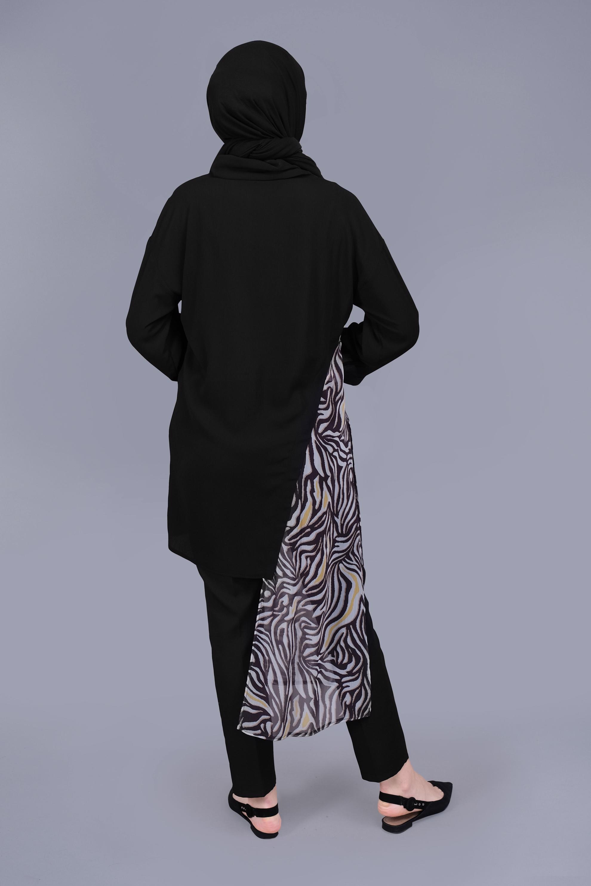 Tesettür giyim SARI DESENLİ TÜL DETAYLI YUVARLAK YAKA TUNİK 40846 