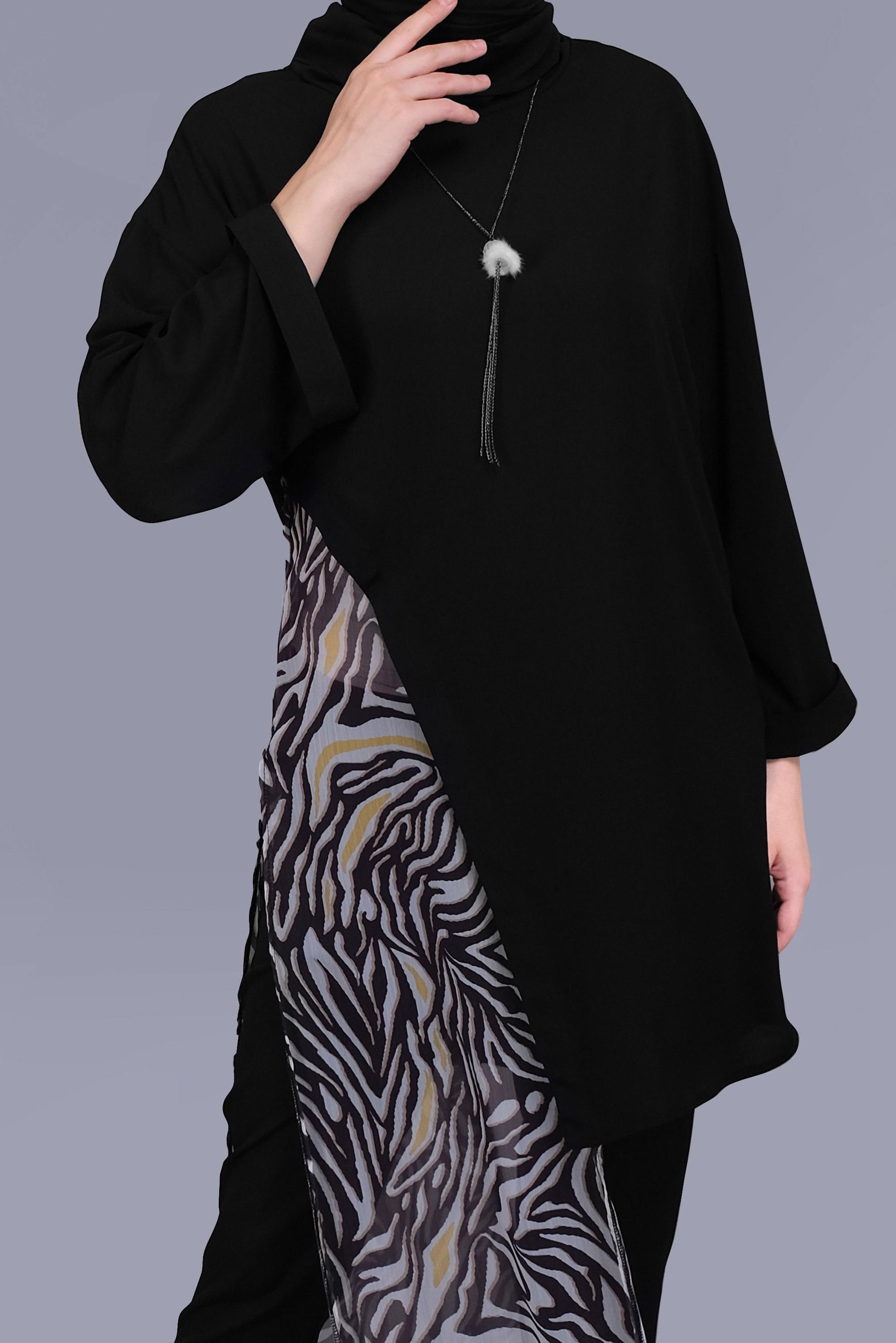 Tesettür giyim SARI DESENLİ TÜL DETAYLI YUVARLAK YAKA TUNİK 40846 