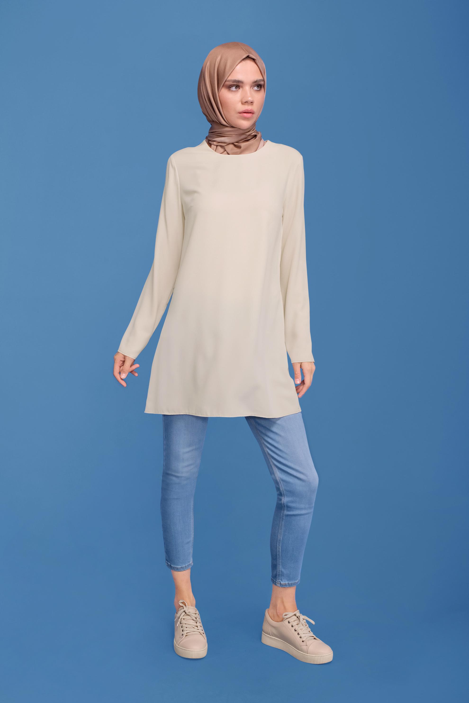 Tesettür giyim BEJ BİSİKLET YAKA DÜZ TUNİK 40854 
